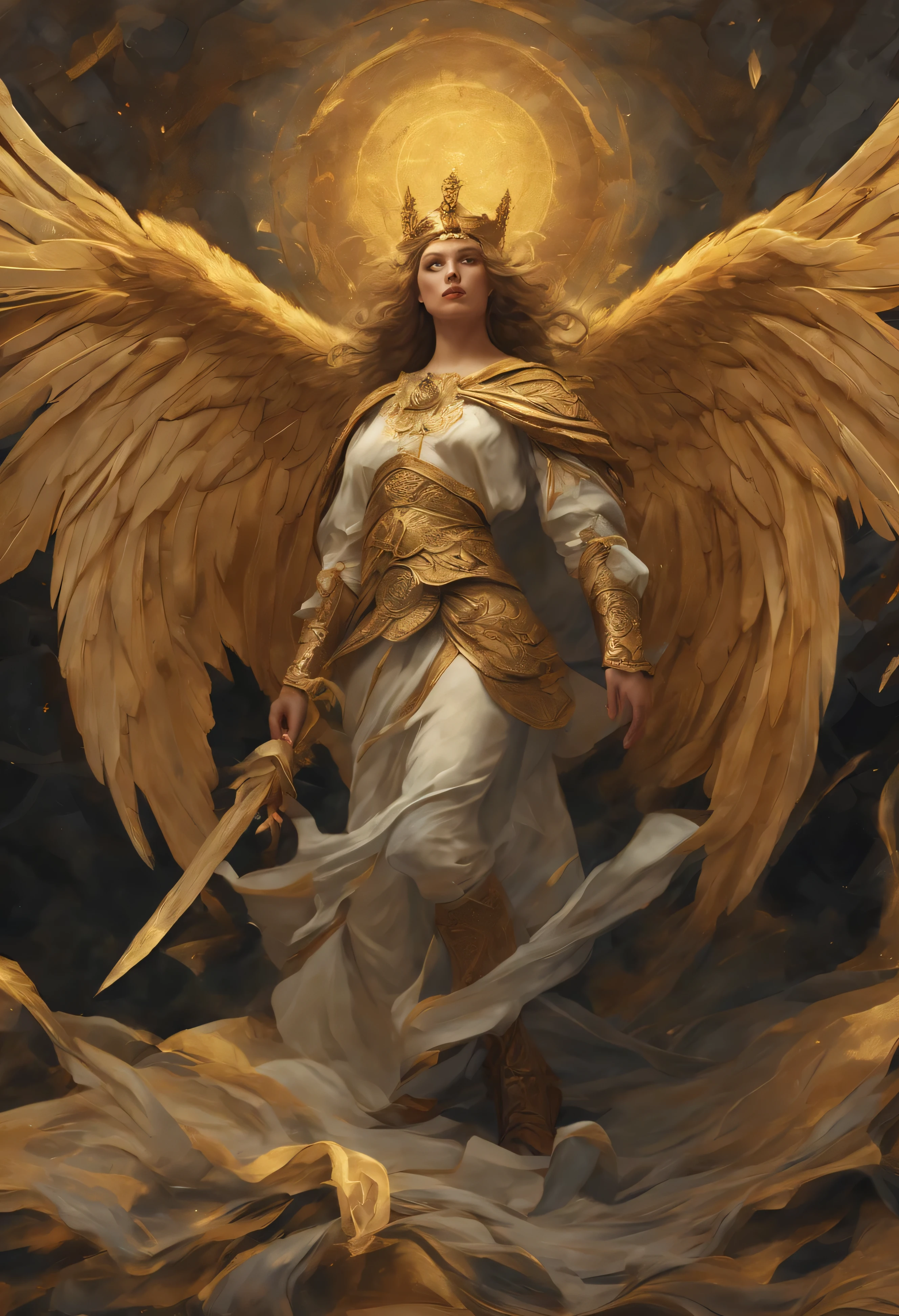 I looked with winged angels,his wings covered his body, and there was a man dressed in linen, and his loins were girded with a belt of gold from Ufas. His body was like topaz, his countenance shone like lightning, his eyes were like burning torches, his arms and legs shone like polished brass, and the sound of his voice was mighty,ultra 8k res, cinematic still,
