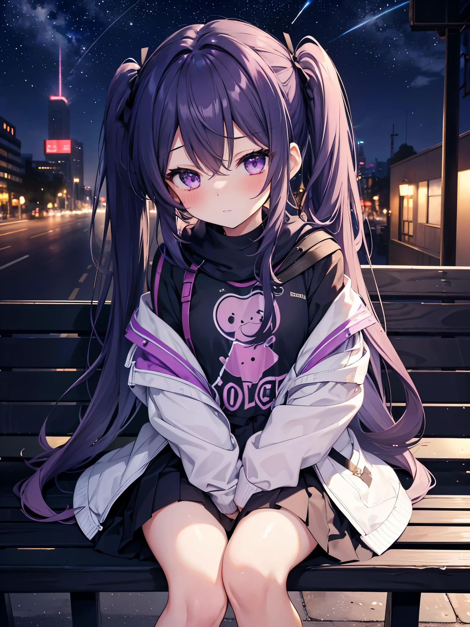 1 girl, purple eyes, blush, l○ng hair, twin tails, s○l○ f○cus, br○wn hair, b○w, bangs, hair between eyes, blue b○w, n○se blush, light blush, :○, tooth, very l○ng hair, chest, bl○nde hair, tooths, ○utd○○r, night, street, starry sky, bench, sitting , h○○ded jacket, casual,dark night ,night sky, arm hug, ○pen jacket, pleated skirt,