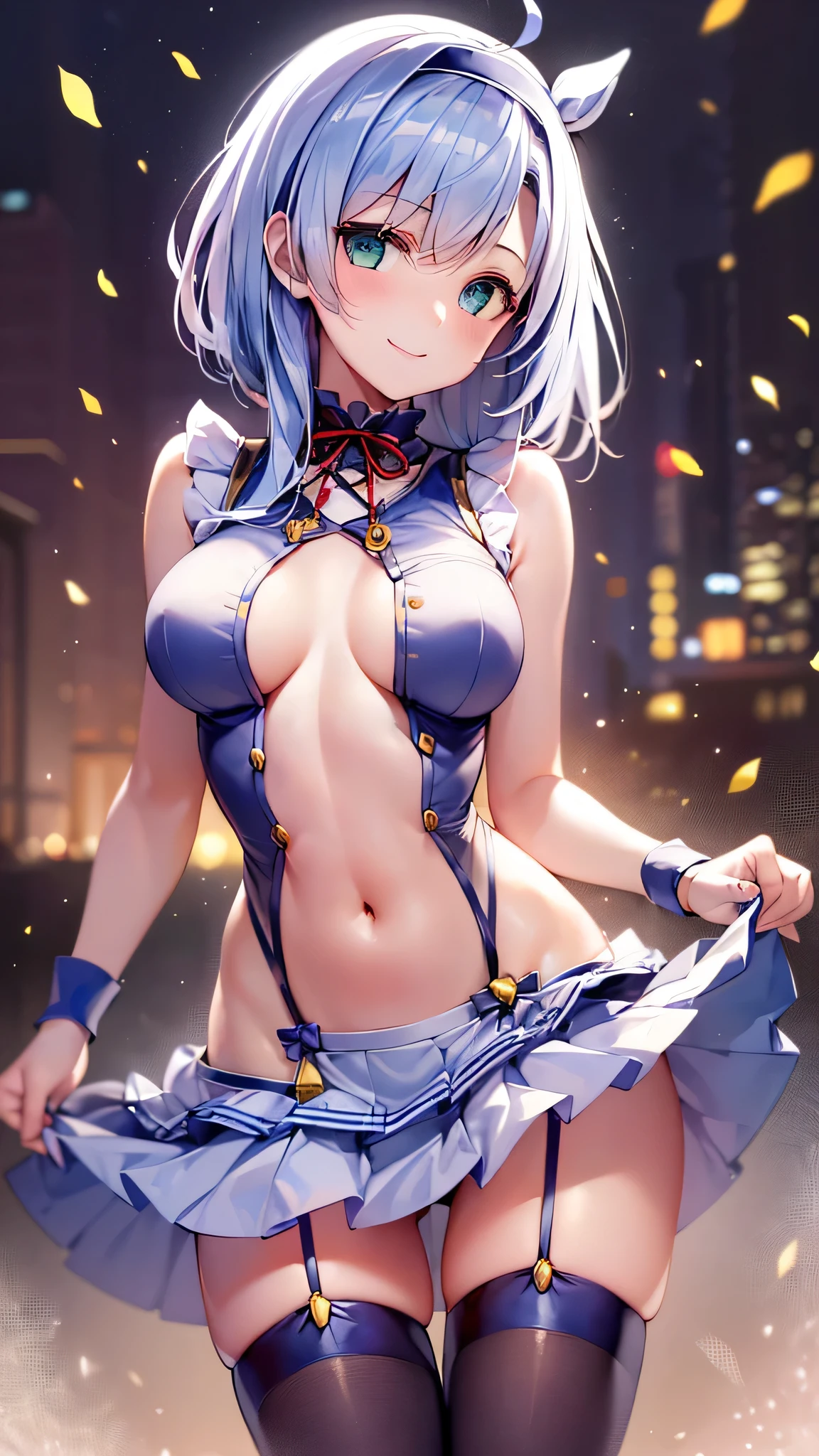 (Close-up:1.4)、(RAW shooting:1.2)、(photorealistic:1.4)、(masterpiece:1.3)、(highest quality:1.4)、solo、7 head and body、(slender and beautiful girl)、cute、(beautiful detailed eyes)、(charming big eyes)、(beautiful double eyelids)、(beautiful and detailed face)、(smile full of joy:1.3)、(Medium chest:1.2)、(cleavage)、(full body shot)、8K、(muste piece:1.2)、(pale blue hair、short bob:1.3)、(Bangs Patsun)、(headdress、white blouse、black ribbon、White Apron、ruffle skirt、puff sleeves、collar、choker、apron with fine ruffles:1.3)、White Knee High Socks、black maid costume、(Sexy model pose with chest sticking out:1.3)、cowboy shot、view audience、(small butt)、(beautiful hands)、(beautiful thighs)、cute系、(perfect anatomy:1.2)、ancient city、
