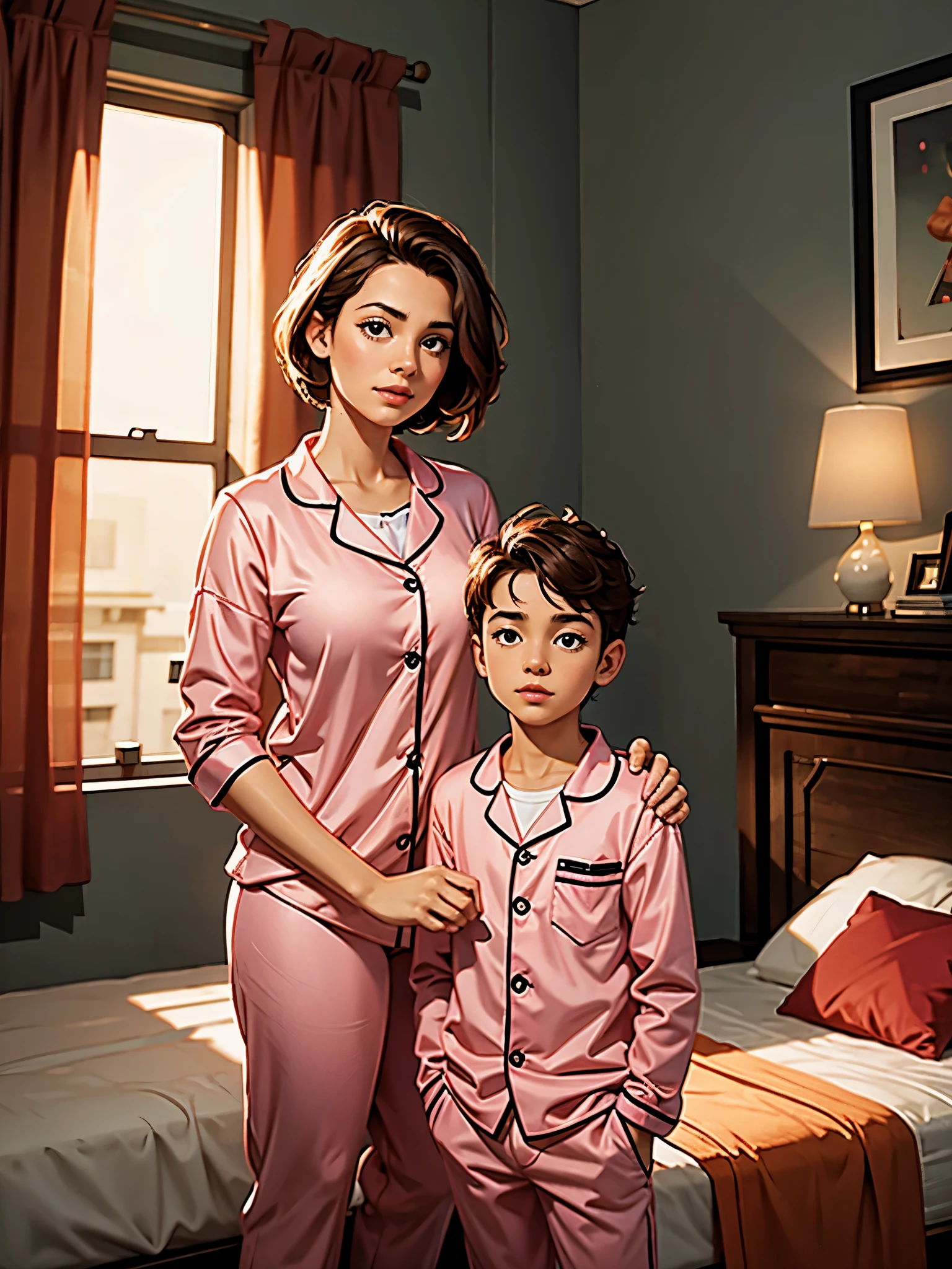 (highres,realistic:1.2),beautiful,cute mother and teen son standing in bedroom, wearing sexy pink pajamas,warm color tones