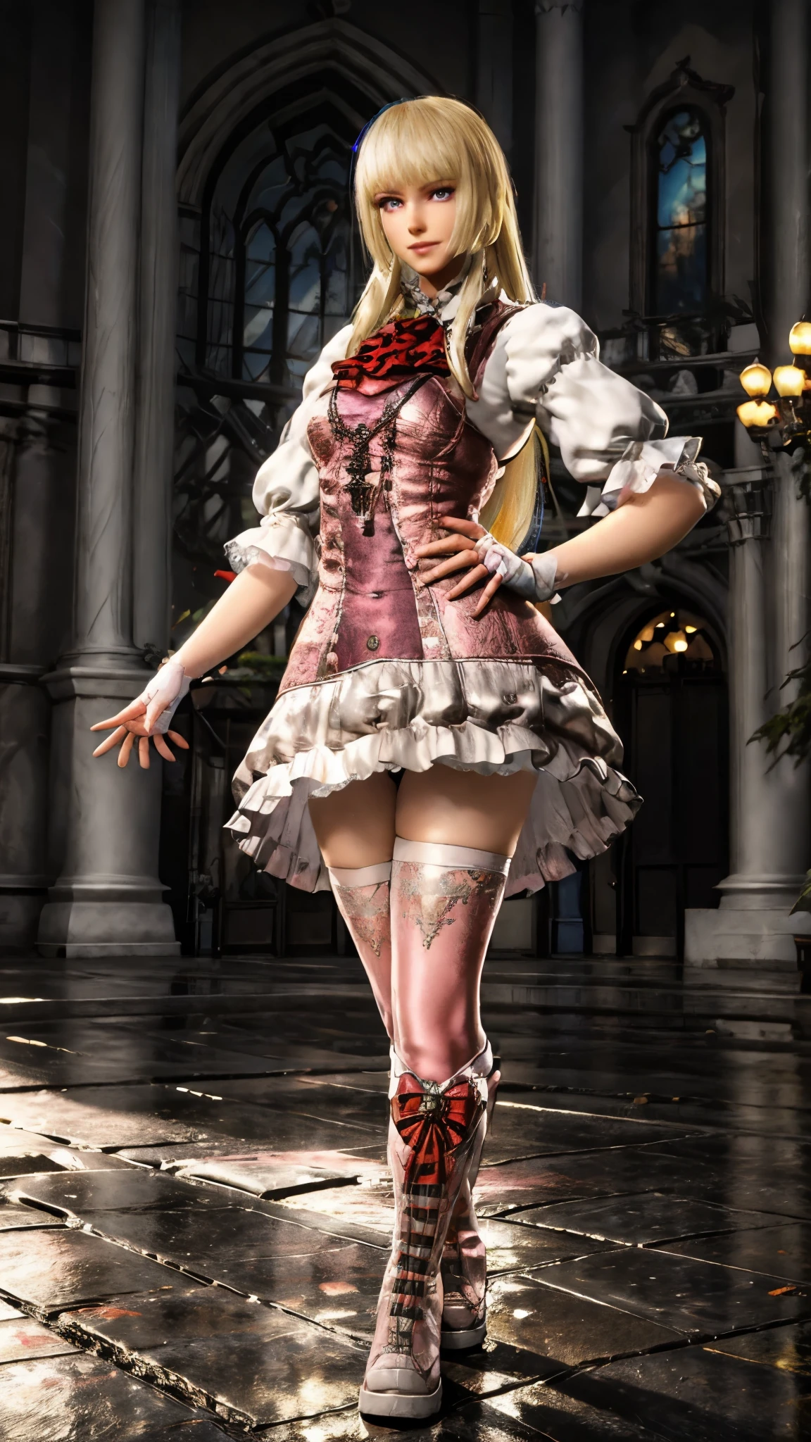 masterpiece, best quality, pink thighhighs, blonde hair, crossed legs, boots, thick thighs,  