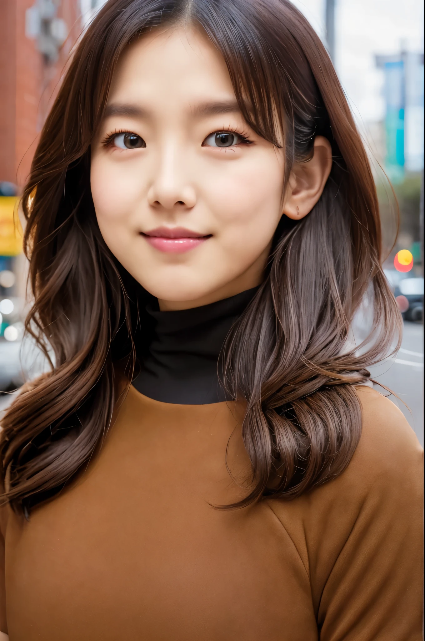 ((top-quality, in 8K, masterpiece:1.3)), Beautiful Japanese woman, perfect body:1.4, Slim abs:1.2, ((Medium Hair, straight haired:1.2)), (turtle neck:1.1), (a street:1.2), wetbody:1.5, Three-dimensional texture, A detailed eye, Brown hair, Very shiny hair, posterior view