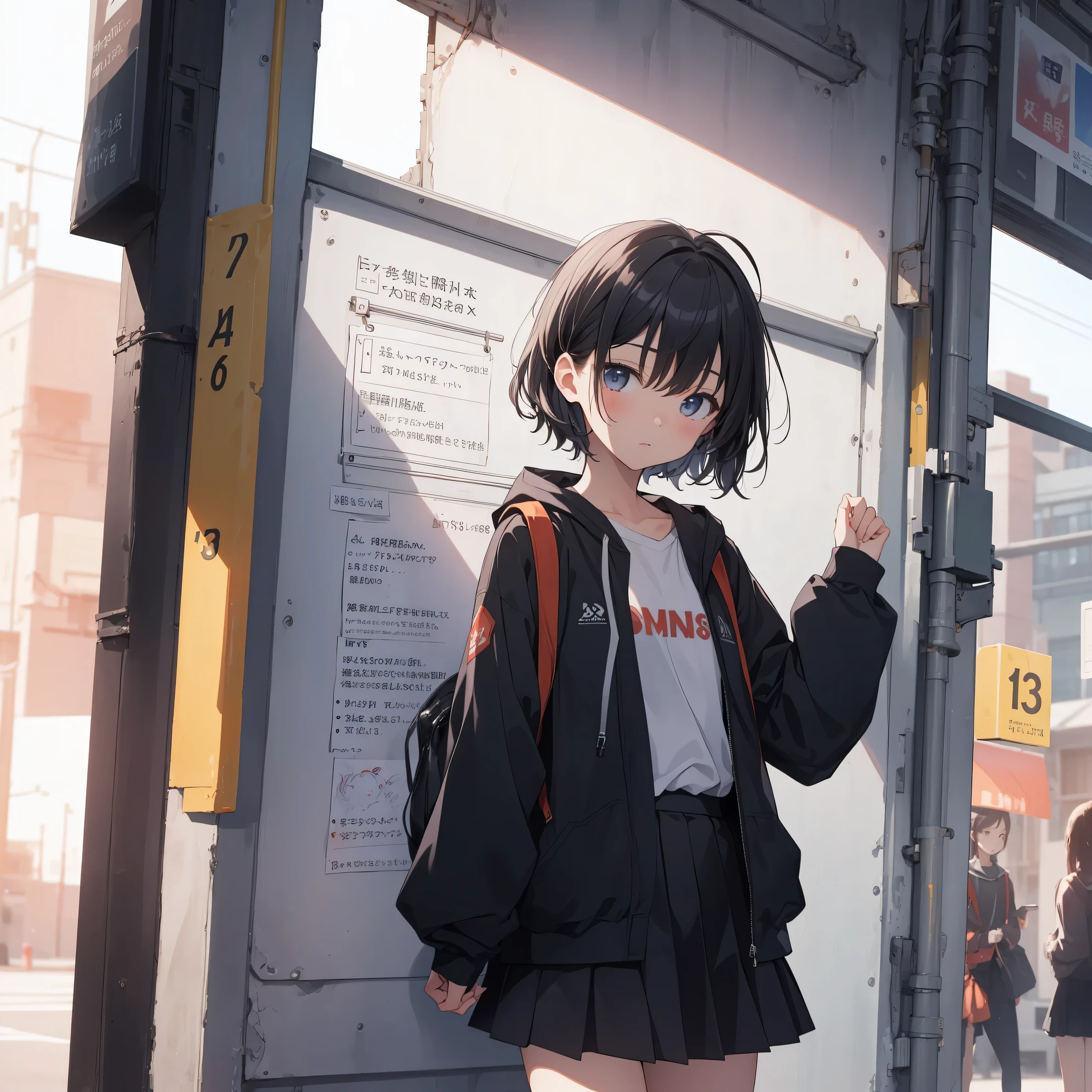 Super high quality by the art god, super detailed, High resolution, AI generated, anime moe art style, best anime 8K konachan wallpaper, pixiv contest winner, perfect anatomy, break,(眠そうにalone学校へ行く女の子を描いてください. ),break, 1 girl, (alone,little woman, ta, , 13 y),All limbs, full finger,, androgynous charm, (very short hair), messy hair, flat chest, Because I&#39;m slender, small ass, between legs, Small black eyes, beautiful and fine eyes, Well-proportioned iris and pupils, expressive eyes,disgusted eyes, High resolutionの詳細な髪, wearing school uniform, (skirt),(detailed lighting), (detailed background), On the way to school. break,super dense skin, Best lighting by famous artists, 8K, figure,UHD, rough skin