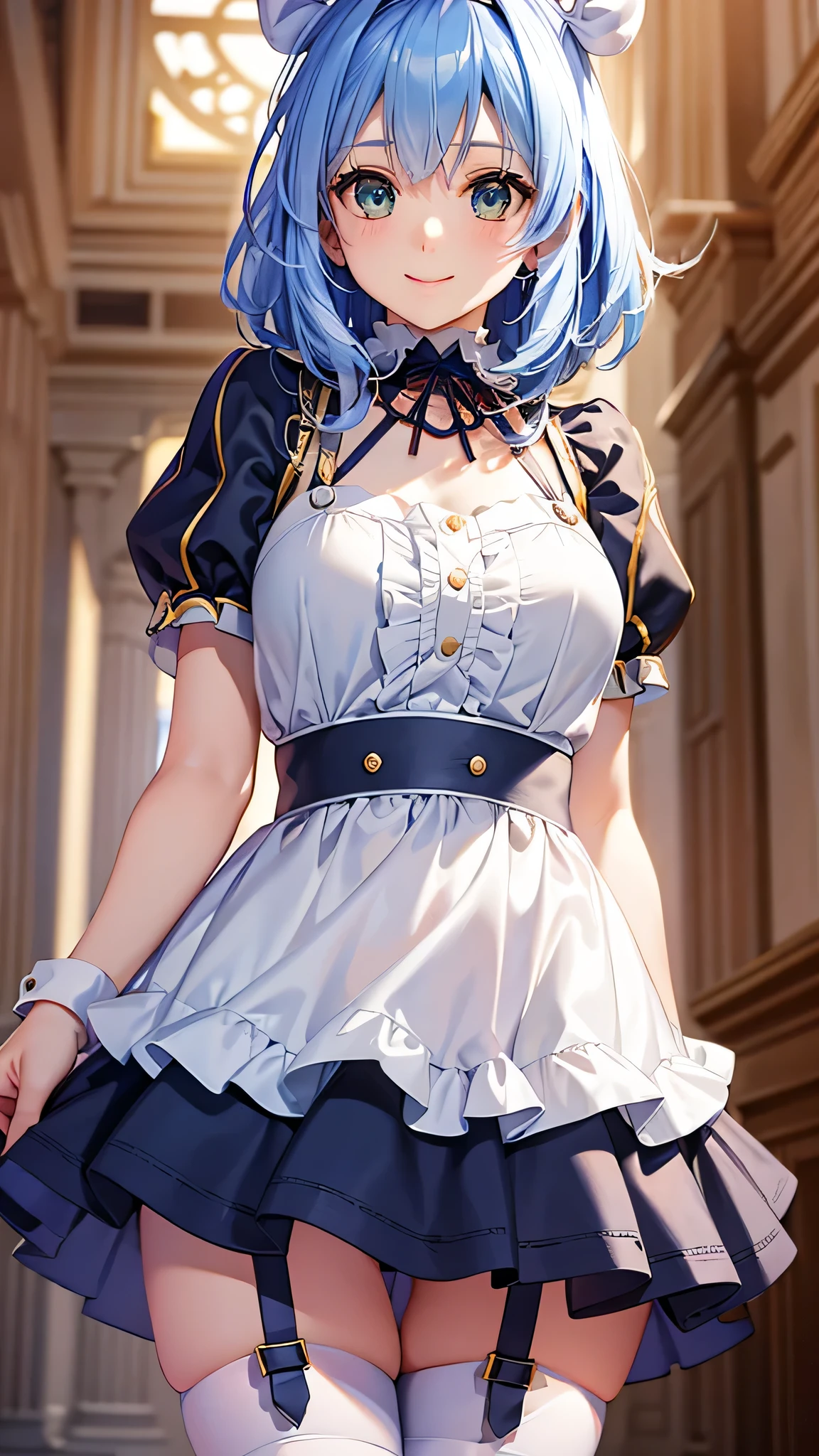 (Close-up:1.4)、(RAW shooting:1.2)、(photorealistic:1.4)、(masterpiece:1.3)、(highest quality:1.4)、solo、7 head and body、(slender and beautiful girl)、cute、(beautiful detailed eyes)、(charming big eyes)、(beautiful double eyelids)、(beautiful and detailed face)、(smile full of joy:1.3)、(Medium chest:1.2)、(cleavage)、(full body shot)、8K、(muste piece:1.2)、(pale blue hair、short bob:1.3)、(Bangs Patsun)、(headdress、white blouse、black ribbon、White Apron、ruffle skirt、puff sleeves、collar、choker、apron with fine ruffles:1.3)、White Knee High Socks、black maid costume、(Sexy model pose with chest sticking out:1.3)、cowboy shot、view audience、(small butt)、(beautiful hands)、(beautiful thighs)、cute系、(perfect anatomy:1.2)、ancient city、