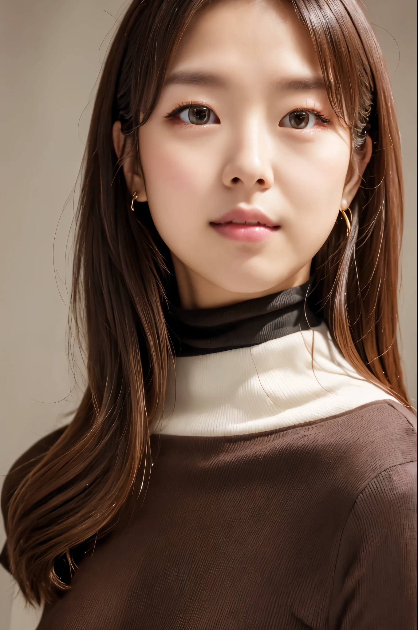 ((top-quality, in 8K, masterpiece:1.3)), Beautiful Japanese woman, perfect body:1.4, Slim abs:1.2, ((Medium Hair, straight haired:1.2)), (turtle neck:1.1), (a street:1.2), wetbody:1.5, Three-dimensional texture, A detailed eye, Brown hair, Very shiny hair, posterior view