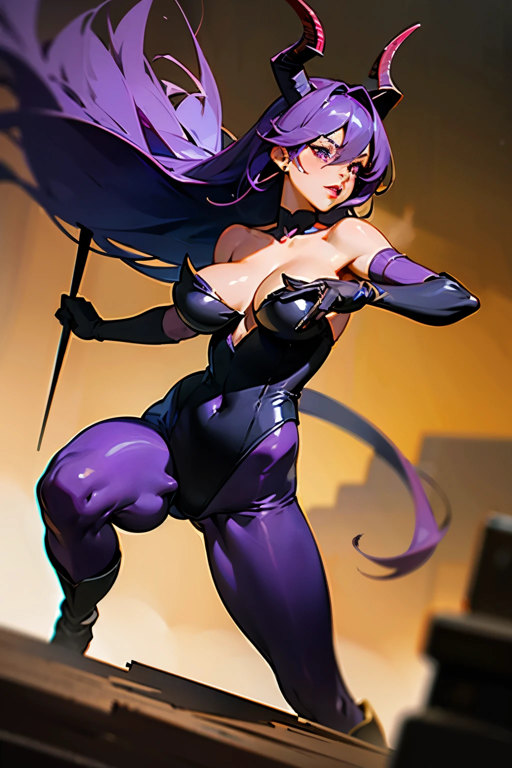 Masterpiece, best quality, high quality, very detailed CG uniform 8k wallpaper, 1girl, two characters fighting, fullbody, nose ,Purple eyes, lips, blur, award winning photography, bokeh, depth of field, HDR, bloom, chromatic aberration, realism, very detailed, artstation Intricate, High Detail, dramatic, Stockings, Hand to hand combat, Full body Picture, Zoomed out, Fantasy, No buildings, Anime, collarbone, no Cleavage, General, Aggressive,( Bunny girl outfit, Long stockings), (Massive breasts,big breasts, beautiful chest, Detailed Chest, Detailed Breasts,perky breasts),blown hair, (Super long hair, Half up do, Hair over eyes, dark purple hair), bangs, hair between eye, Combat, hand to hand combat, big leather gloves,Black leather boots, Action, Looking away, Not looking at camera, (detailed lips, beautiful lips, Bright red Lipstick), Purple mascara, exposed shoulders, Red skin, Succubus, Tail, Horns