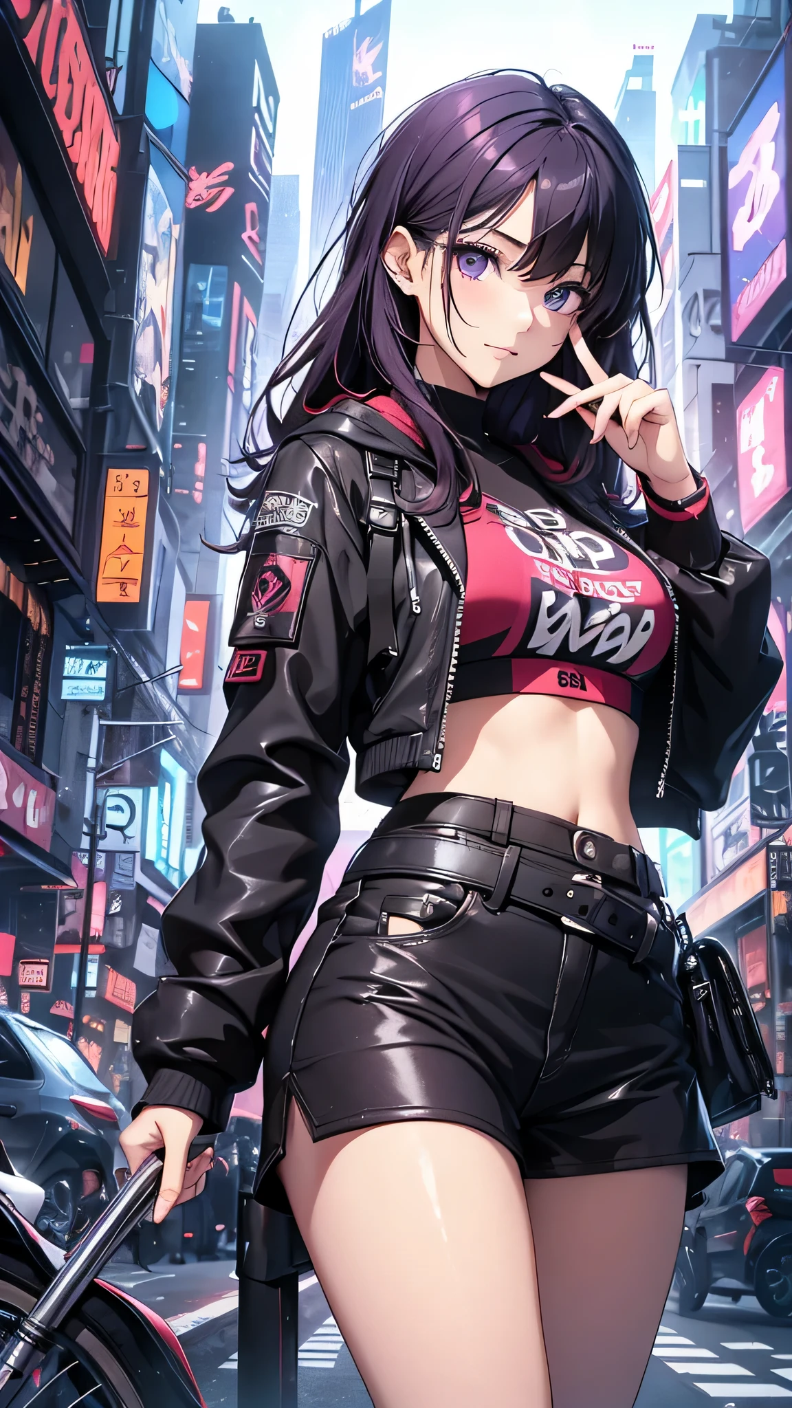 最high quality、best image quality、masterpiece、teenage girl((18-year-old、 By becoming、vest bust、medium bust,wide open breast tea、black eye, purple and red hair、Habitual hair、long hair、thin,highest valley、Have a smartphone、smug face、peace sign、paint marks、punk fashion)),high quality、beautiful art、background((Cyberpunk world、ultimate bike))debris flies、Depth of written boundary、movie、visual art、perfect art、8K,genuine