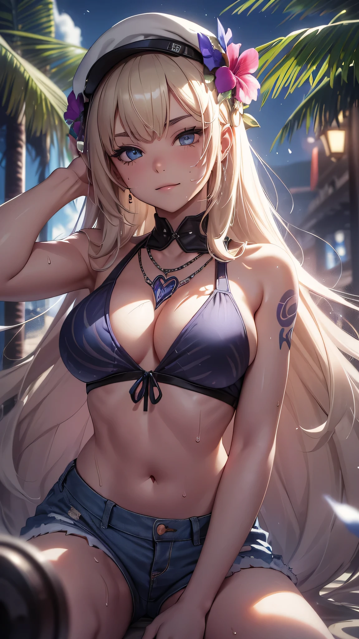 最high quality、best image quality、masterpiece、age girl((18-year-old、 By becoming、vest bust、medium bust,wide open breast tea、black eye, blonde hair、Habitual hair、long hair、thin,highest valley、blue shorts、Holding a plastic bottle、smug face、heart tattoo、black aloha shirt、squat、open your legs、sweating)),high quality、beautiful art、background((Hawaii、Waikiki、Palm tree))debris flies、Depth of written boundary、movie、visual art、perfect art、8K,genuine