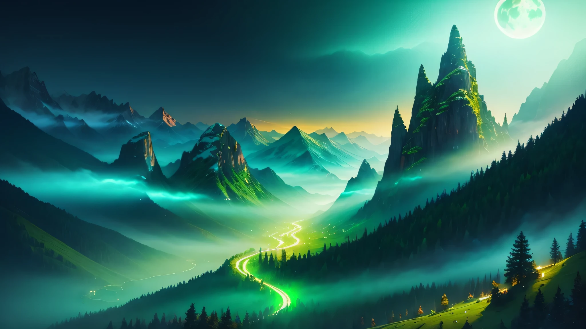 (masterpiece), (best quality), (incredible digital artwork), atmospheric scene inspired by fantasy, breathtaking landscape, towering mountains, lush green pine forests, misty valleys, dramatic lighting, vivid colors, intricate details, expertly capturing the essence of an epic cinematic experience, night time, emerald-colored moon seen on the upper left, (neon green lighting).