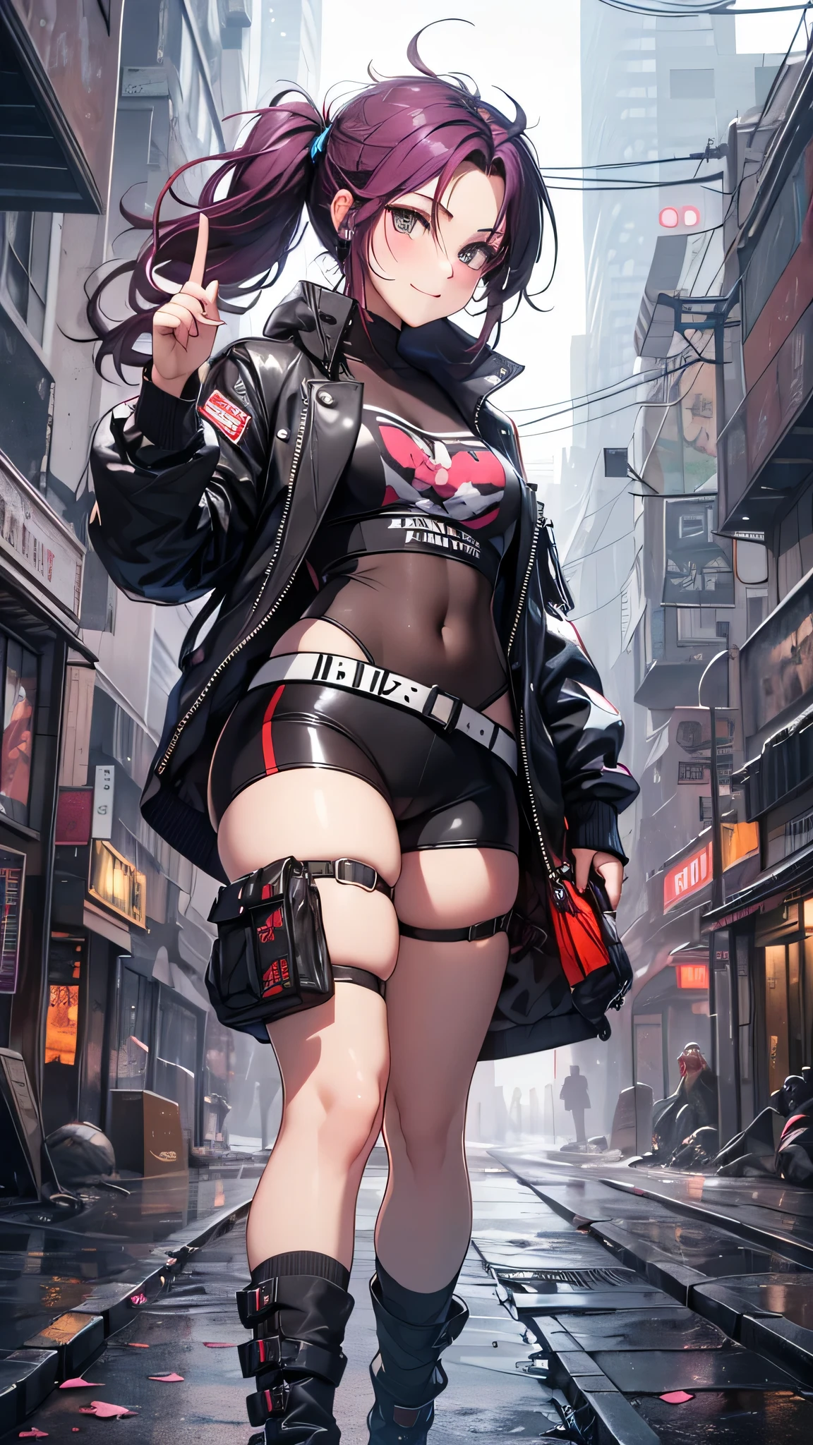 最high quality、best image quality、masterpiece、age girl((18-year-old、 By becoming、vest bust、medium bust,wide open breast tea、black eye, purple and red hair、Habitual hair、thin,highest valley、Have a smartphone、smug face、peace sign、paint marks、punk fashion)),high quality、beautiful art、background((Cyberpunk world、ultimate bike))debris flies、Depth of written boundary、movie、visual art、perfect art、8K,genuine