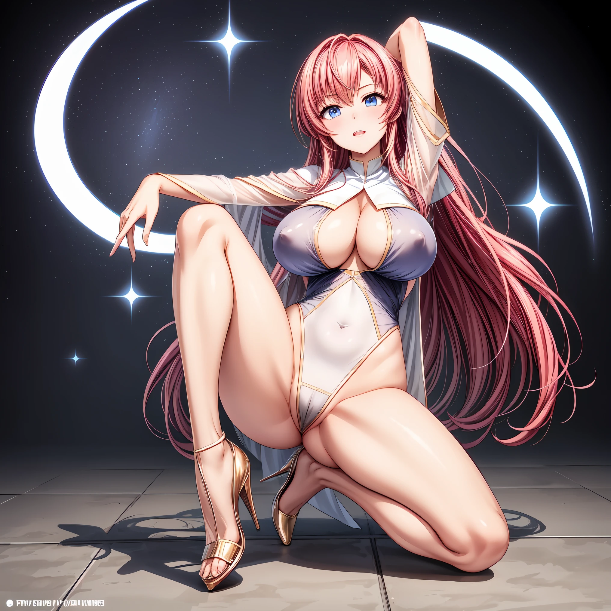masterpiece, highest quality,beautiful eyes, beautiful hair, beautiful face, beautiful skin, solo, 1 girl, highleg, erect nipples, high heels, anime girl, full body, curvy, beautiful breasts, bare legs,shiny skin, cleavage, 美しい, 美しい woman, 完璧なボディ, 立っている,美しい female model,輝く目,(ボディスーツ:1.2)