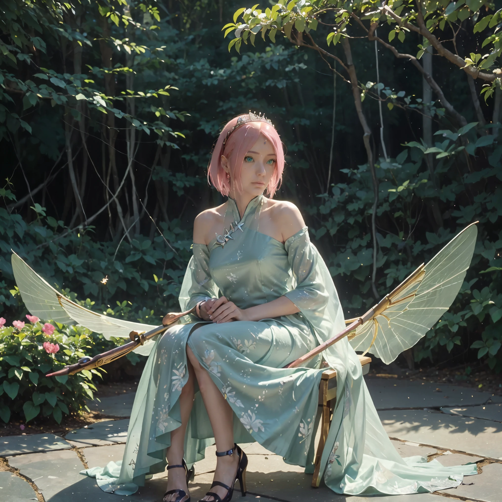 This is、It's a masterpiece of realistic fantasy with lots of sparkles, Glitter, and intricate ornate details. Produces one woman with a beautiful delicate crown sitting on a garden swing at night. She is a beautiful and seductive butterfly queen with stunning pink hair like sakura haruno from naruto, (((Incredibly realistic and detailed dynamic green eyes in bright colors with realistic shading))). Her skin is translucent white, Her green eyes are shining, And her dress is elegant. Her dress is spun with delicate and finest gossamer silk, Convoluted, Delicate floral details and gold silk butterfly sleeves. Her face is lovely and lonely. Include flowers that glow in the dark, Lots of particles, Highly realistic fantasy butte fly with translucent gem-colored wings and fine details, And shine. Artwork done in the style of Guviz、Trending fantasy titles from Artstation and Midjourney、Reminds of the masters of this genre. camera: Using dynamic composition techniques、Emphasizes ethereal delicacy and delicate details.