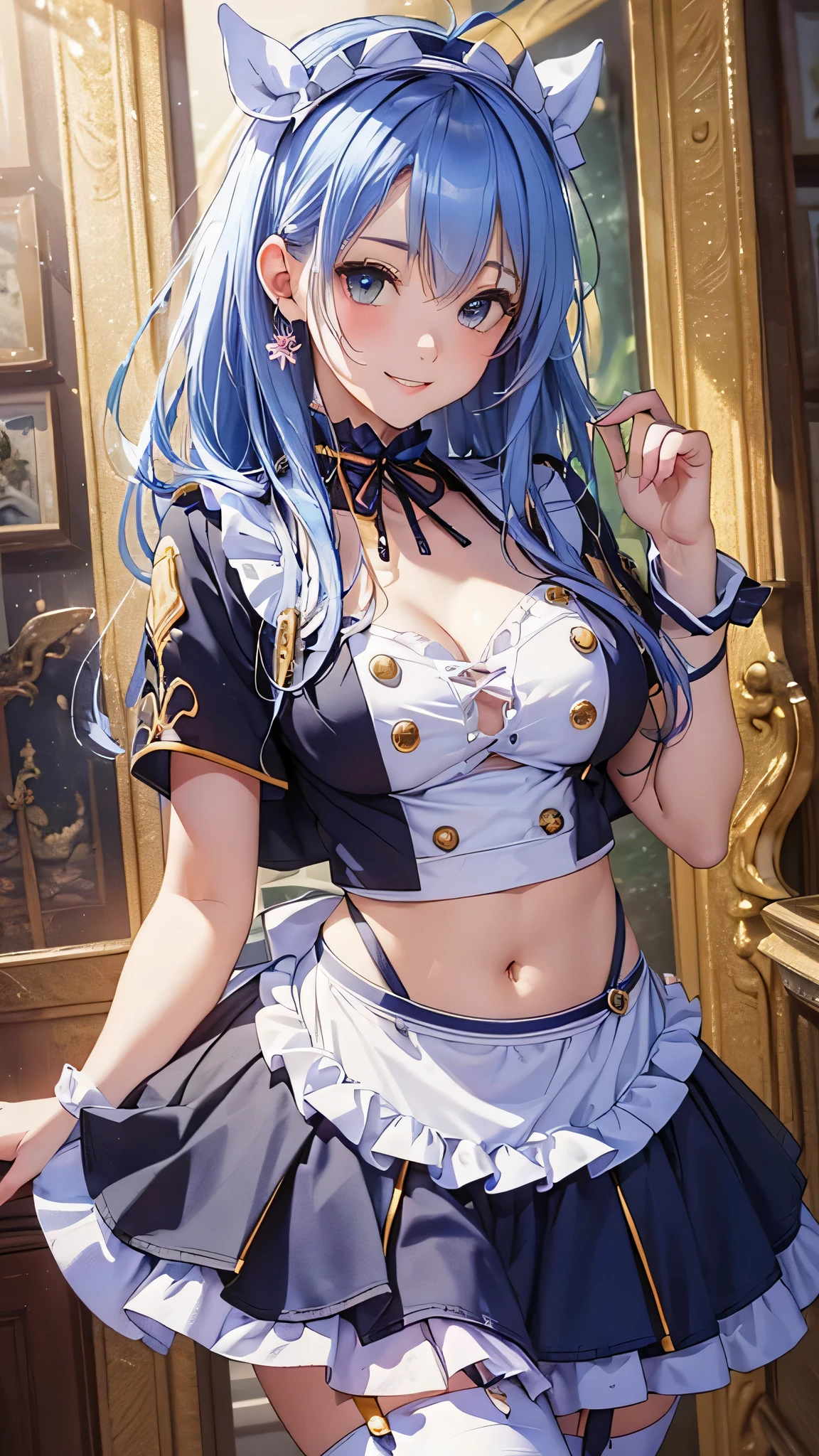 (Close-up:1.4)、(RAW shooting:1.2)、(photorealistic:1.4)、(masterpiece:1.3)、(highest quality:1.4)、solo、7 head and body、(slender and beautiful girl)、cute、(beautiful detailed eyes)、(charming big eyes)、(beautiful double eyelids)、(beautiful and detailed face)、(smile full of joy:1.3)、(Medium chest:1.2)、(cleavage)、(full body shot)、8K、(muste piece:1.2)、(pale blue hair、short bob:1.3)、(Bangs Patsun)、(headdress、white blouse、black ribbon、White Apron、ruffle skirt、puff sleeves、collar、choker、apron with fine ruffles:1.3)、White Knee High Socks、black maid costume、(Sexy model pose with chest sticking out:1.3)、cowboy shot、view audience、(small butt)、(beautiful hands)、(beautiful thighs)、cute系、(perfect anatomy:1.2)、ancient city、