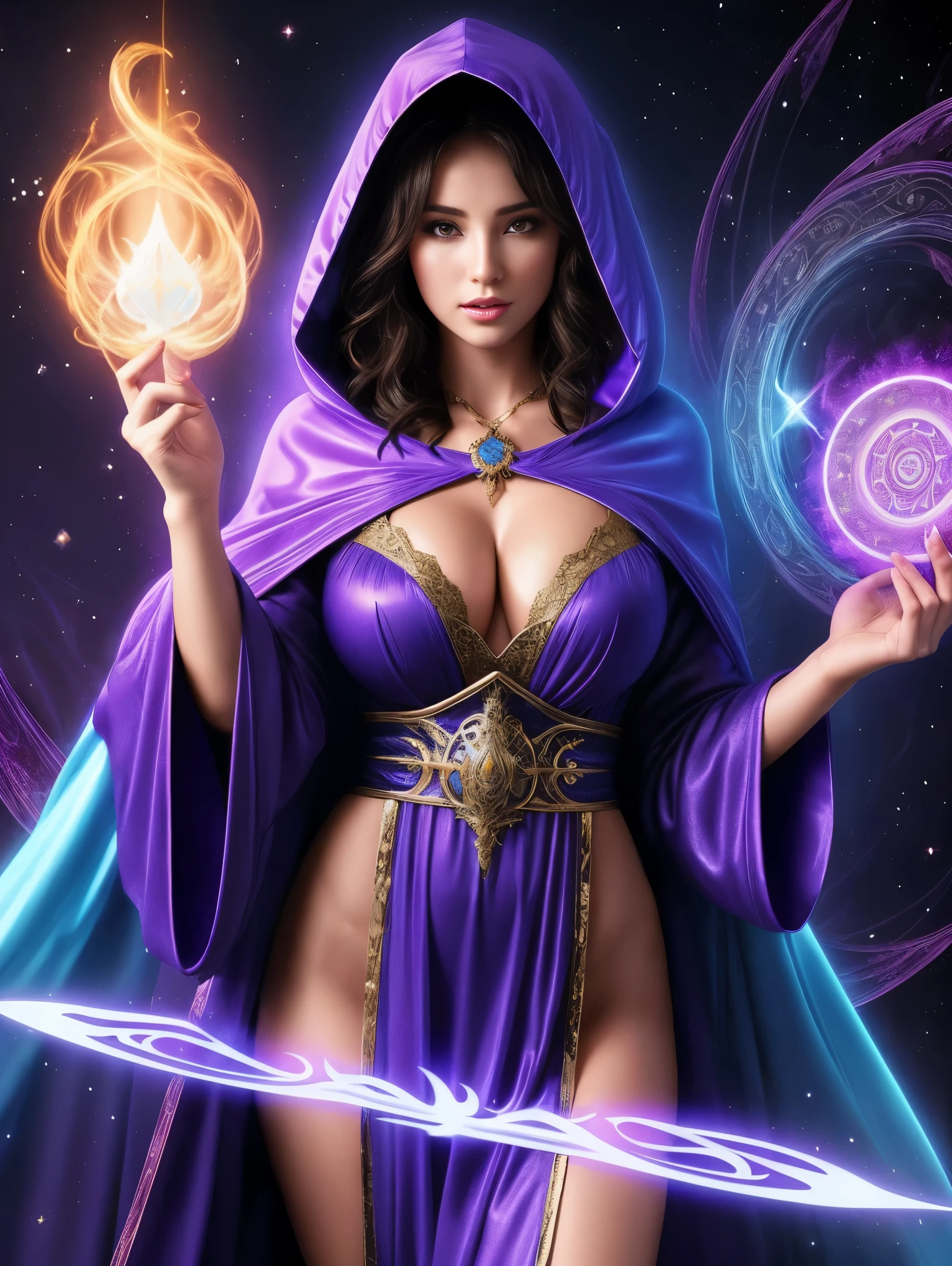 One ultra hot gorgeous European woman. Age 23. She’s a playmate, men magazine model. in a long dress with glowing arms and a hood, flowing magical robe, flowing robes, casting a multi colored spell, dark flowing robe, flowing robe, flowing magical flesh robe, ornate flowing robes, colorful robes, fantasy robe, ornate flowing robe, wearing flowing robes, cloaked woman, sorceress, a beautiful sorceress, vibrant fantasy style, fractals background.