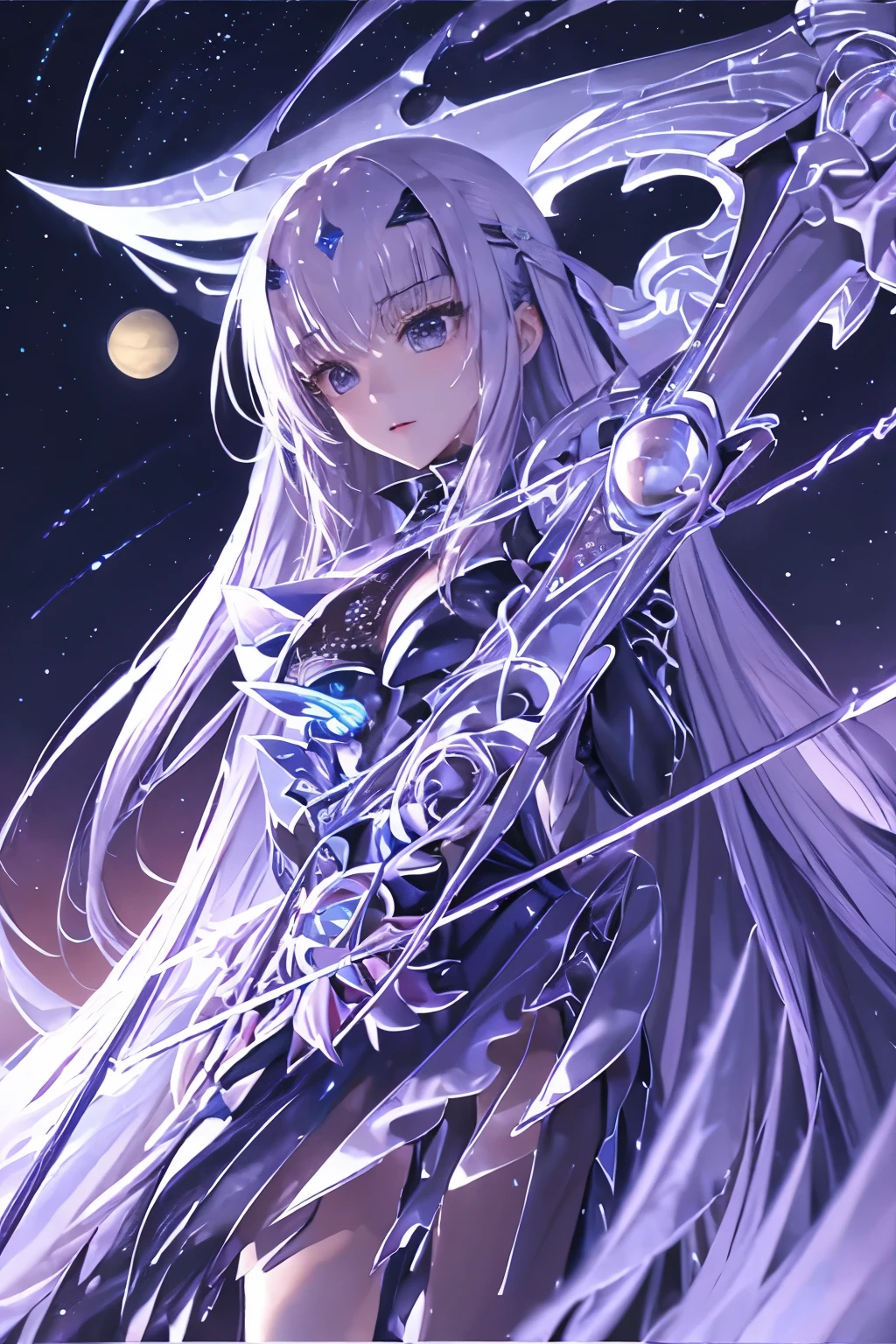 ((masterpiece、Super detailed、intricate details、high quality、clear、delicate、Accurate、An illustration))、Princess Knight （（silver hair、18-year-old、150cm、40 km、C cup、thin、thin、Have a scythe、bikini armor、leotard、cleavage exposed、Shining Tiara））、moonlight、full body figure:1.4、Overall view、wielding a scythe、View from a distance、meteor、comets、looking straight ahead