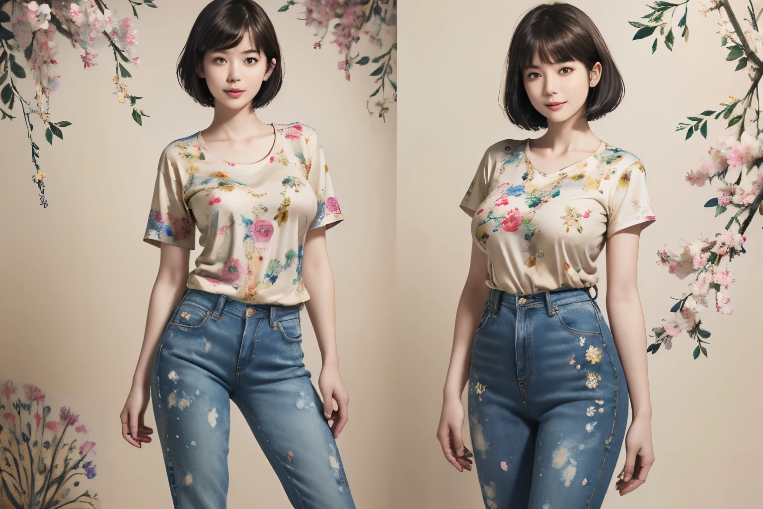 156
(Shorthair:1.46), (a 20 yo woman, standing), (A hyper-realistic), (Masterpiece), (8KUHD), (gentle smile), Slender waist, Wearing jeans, ((Floral Clothing - T-Shirts)), Wearing long pants, abstract splash painting, (doodle:1.46), (breasts:1.46), (口紅)