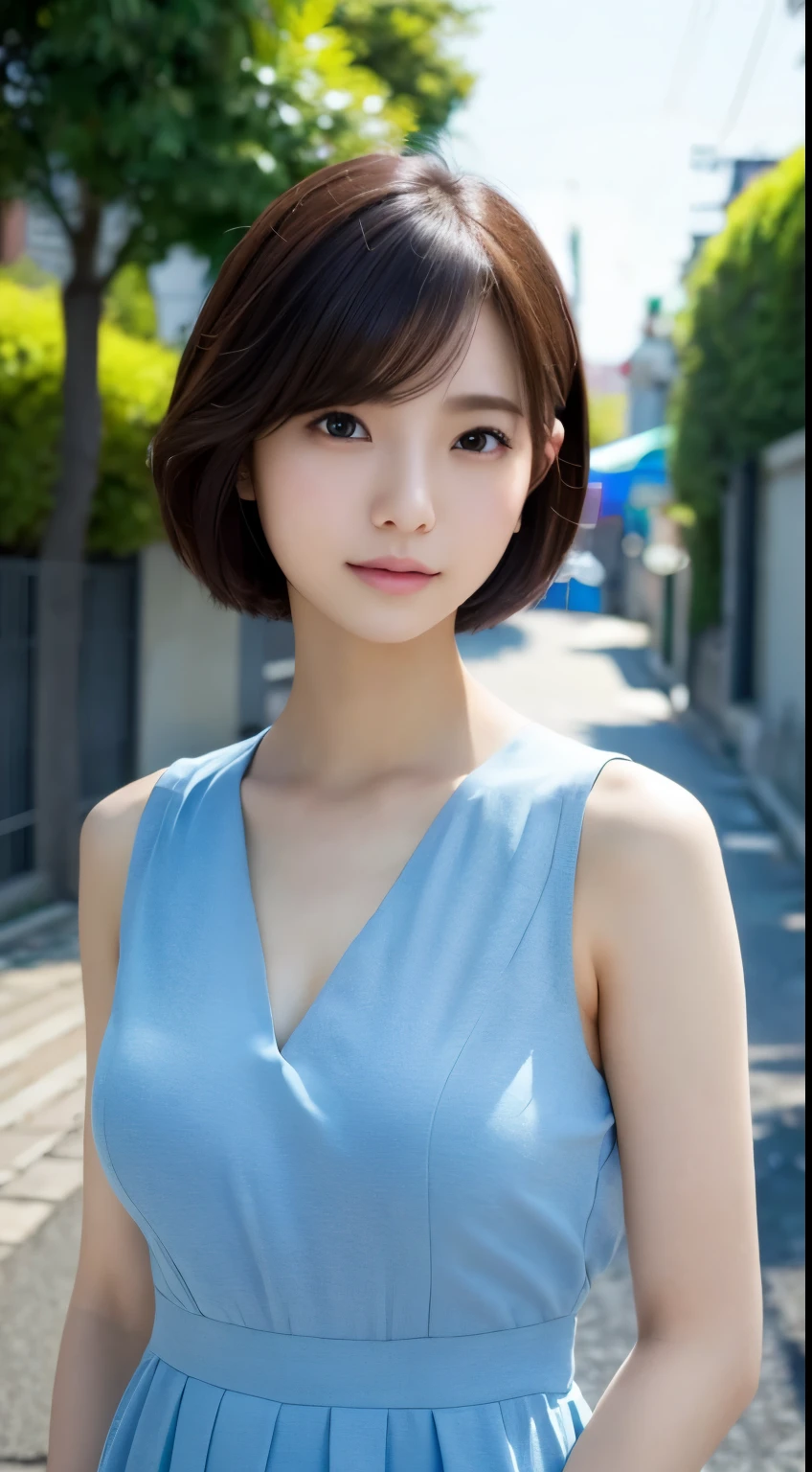 Masterpiece, 1 Beautiful Girl, Detailed Eyes, Puffy Eyes, Top Quality, Ultra High Resolution, (Realistic: 1.4), Movie Lighting, Japanese, Asian Beauty, Korean, Very Beautiful, Beautiful Skin, Slender, Body Facing Forward, (Ultra Realistic), (High Resolution), (8K), (Very Detailed ), ( Best Illustration), (Beautifully Detailed Eyes), (Super Detailed), (Wallpaper), Detailed Face, Lighting is Bright, Professional Lighting, Looking at Viewer, Facing Forward, Short Hair, Neat Clothing, Background is Slightly Blurred, Street Trees, Hair Color is Partially Bright Blue, Dress, Topskirt Smile,