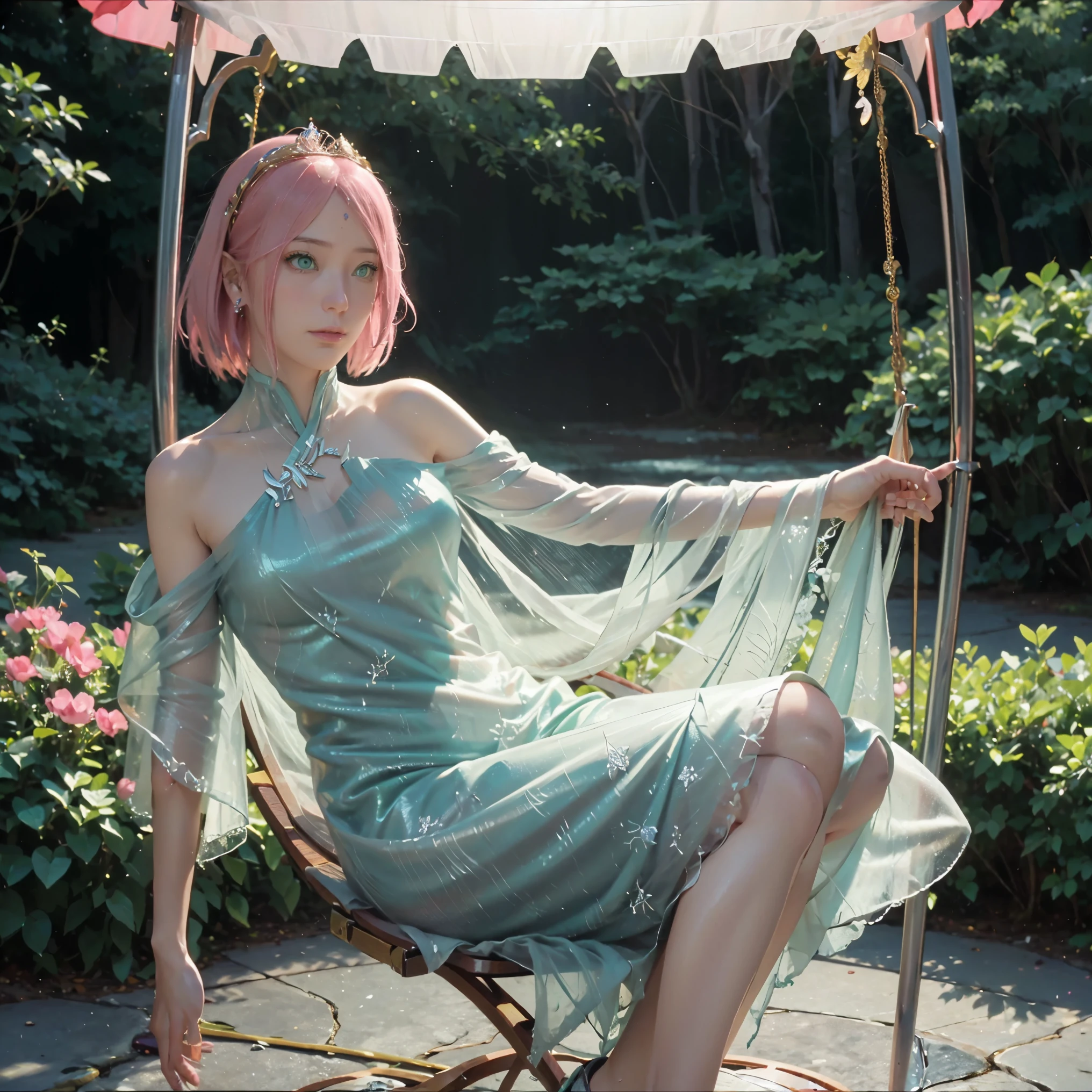 This is、It's a masterpiece of realistic fantasy with lots of sparkles, Glitter, and intricate ornate details. Produces one  woman with a beautiful delicate crown sitting on a garden swing at night. She is a beautiful and seductive butterfly queen with stunning pink hair like sakura haruno from naruto, (((Incredibly realistic and detailed dynamic green eyes in bright colors with realistic shading))).  Her skin is translucent white, Her green eyes are shining, And her dress is elegant. Her dress is spun with delicate and finest gossamer silk, Convoluted, Delicate floral details and gold silk butterfly sleeves. Her face is lovely and . Include flowers that glow in the dark, Lots of particles, Highly realistic fantasy butte fly with translucent gem-colored wings and fine details, And shine. Artwork done in the style of Guviz、Trending fantasy titles from Artstation and Midjourney、Reminds of the masters of this genre. camera: Using dynamic composition techniques、Emphasizes ethereal delicacy and delicate details.