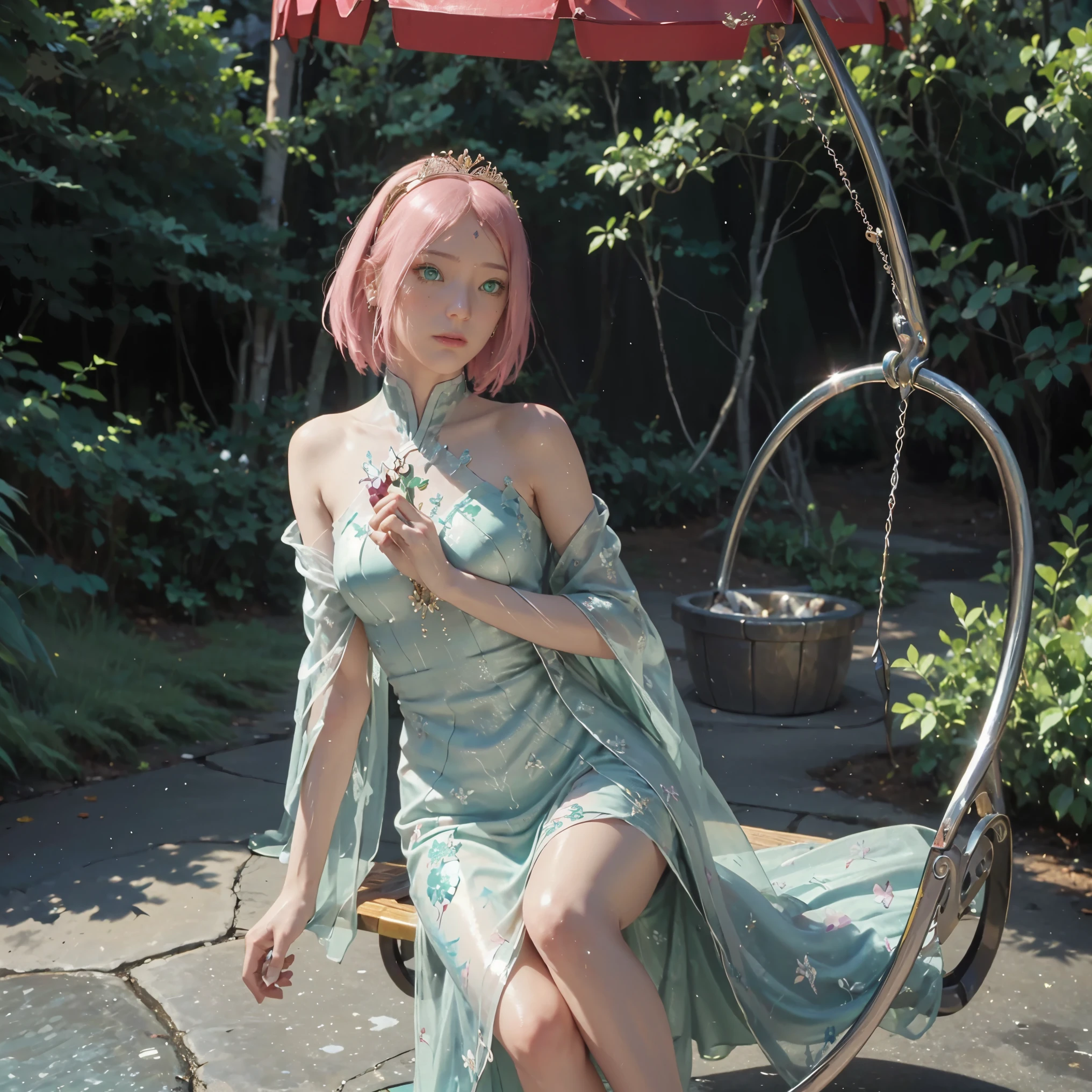 This is、It's a masterpiece of realistic fantasy with lots of sparkles, Glitter, and intricate ornate details. Produces one woman with a beautiful delicate crown sitting on a garden swing at night. She is a beautiful and seductive butterfly queen with stunning pink hair like sakura haruno from naruto, lovely smile, beautiful smile, smiling, (((Incredibly realistic and detailed dynamic green eyes in bright colors with realistic shading))). Her skin is translucent white, Her green eyes are shining, And her dress is elegant. Her dress is spun with delicate and finest gossamer silk, Convoluted, Delicate floral details and gold silk butterfly sleeves. Her face is lovely and . Include flowers that glow in the dark, Lots of particles, Highly realistic fantasy butte fly with translucent gem-colored wings and fine details, And shine. Artwork done in the style of Guviz、Trending fantasy titles from Artstation and Midjourney、Reminds of the masters of this genre. camera: Using dynamic composition techniques、Emphasizes ethereal delicacy and delicate details.
