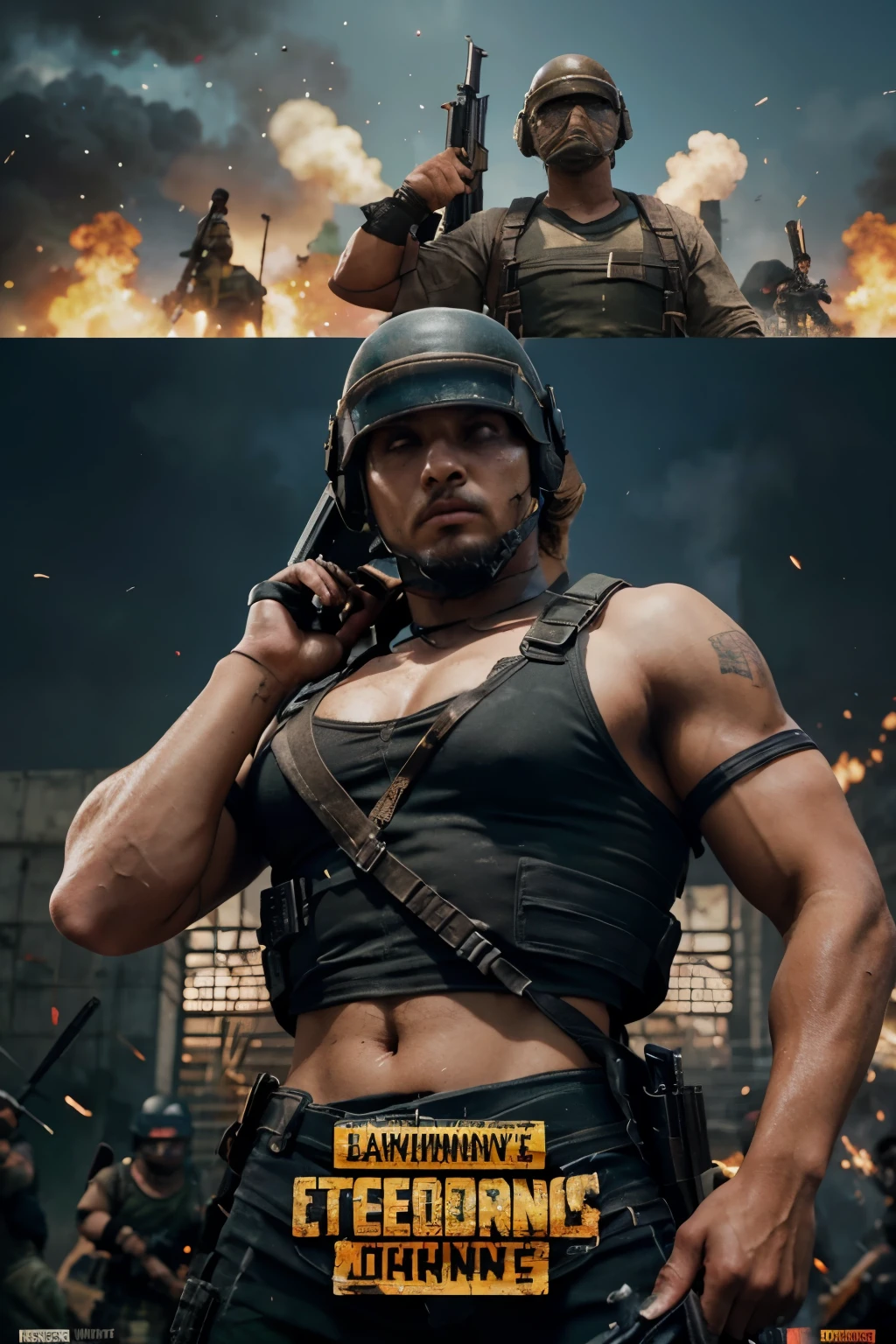 Crie thumbnail intensa, PUBG, Characters in action, armas poderosas, logotipo PUBG, dramatic background, atmosfera de combate, vivid details, rastros de tiros, intensidade do jogo, cores vibrantes, strong visual presence, gameplay emocionante, unique strategies