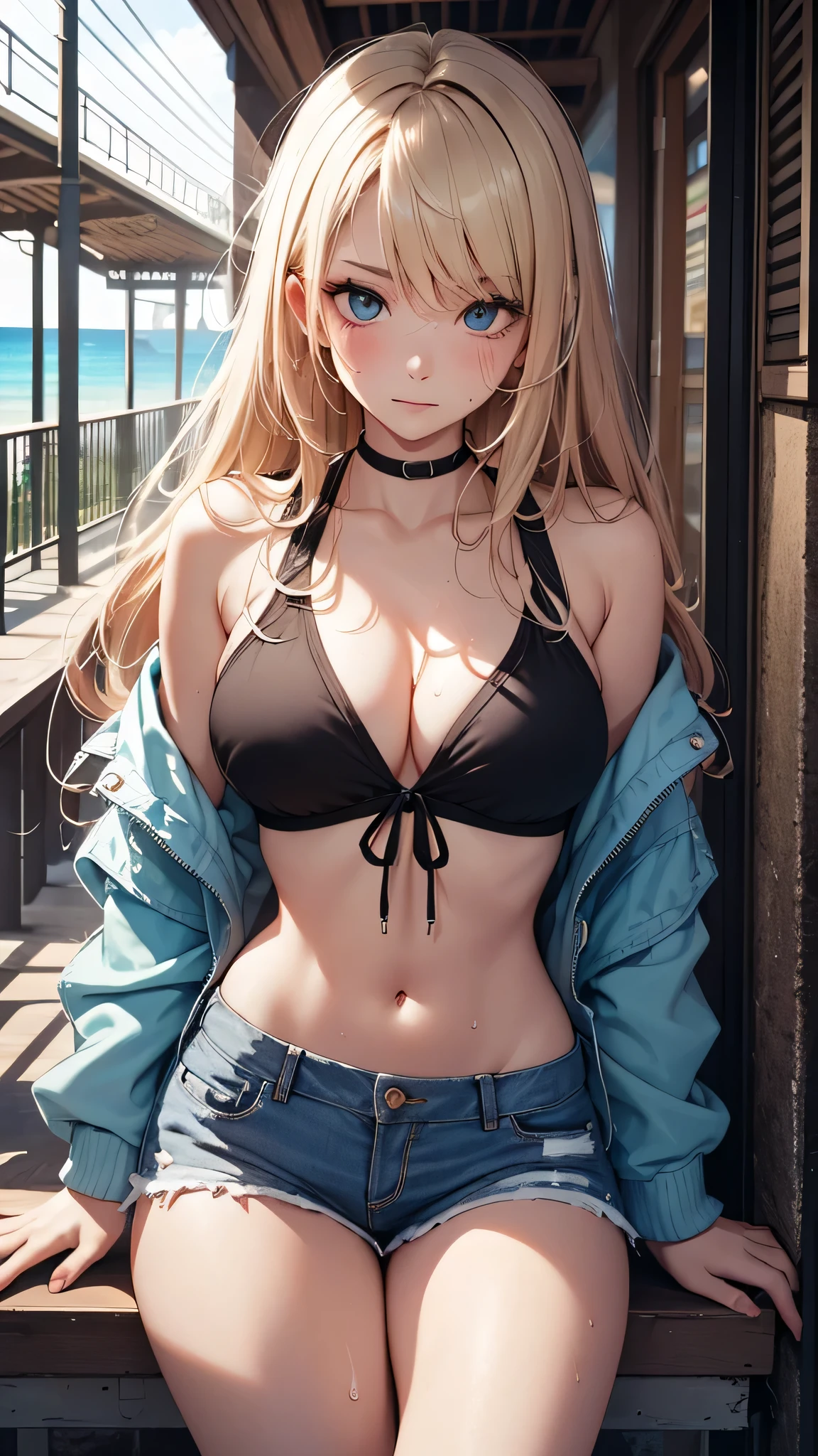 最high quality、best image quality、masterpiece、teenage girl((18-year-old、 By becoming、vest bust、medium bust,wide open breast tea、black eye, blonde hair、Habitual hair、long hair、thin,highest valley、blue shorts、Holding a plastic bottle、troubled face、heart tattoo、black aloha shirt、squat、open your legs、sweating)),high quality、beautiful art、background((Hawaii、Waikiki、Palm tree))debris flies、Depth of written boundary、movie、visual art、perfect art、8K,genuine