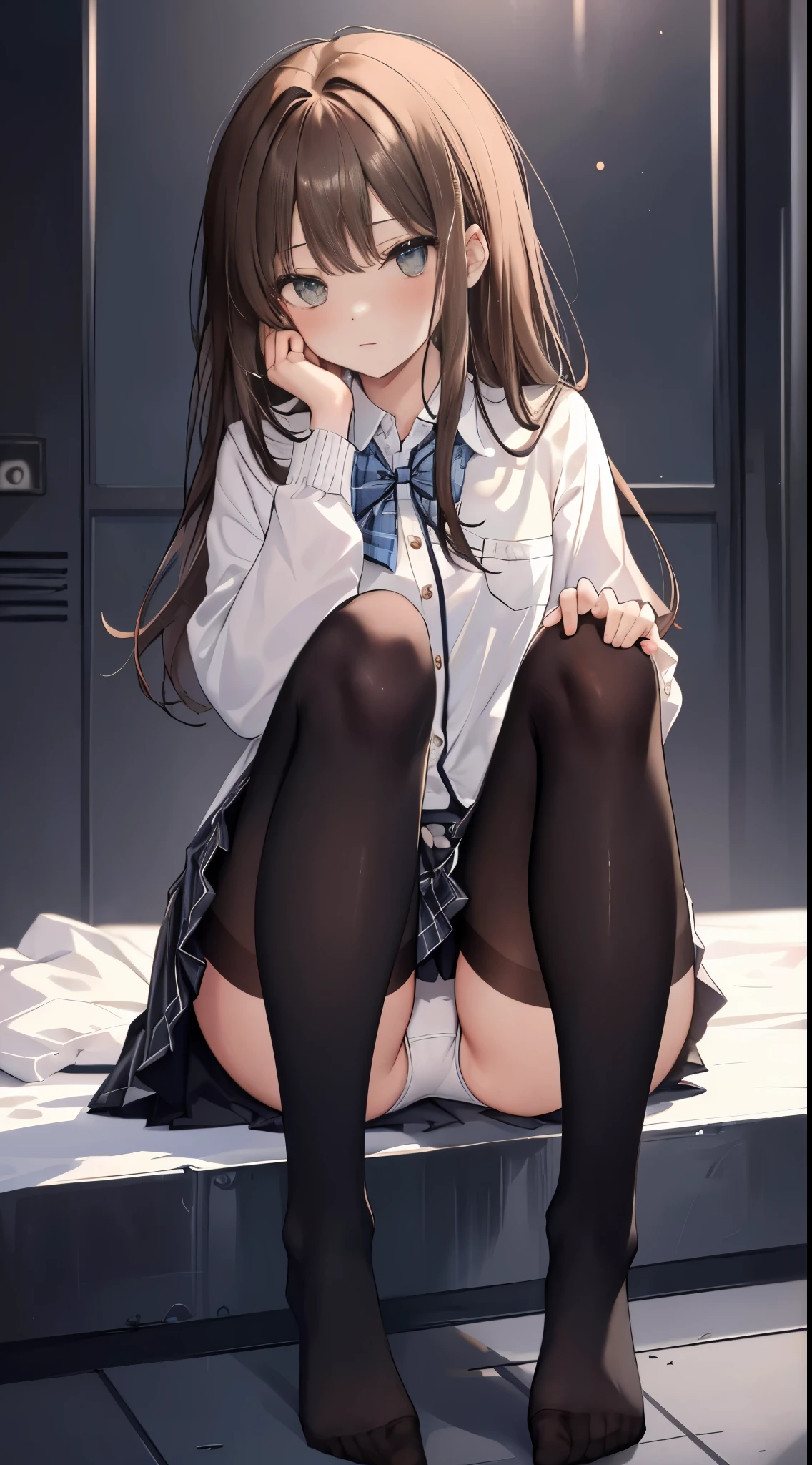 finest, masterpiece, High resolution, (Full body view from head to toe), front, frontやや下からの構図, Symmetrical, 18 year old tall girl, alone, (whole body from head to toe), (small breasts), Unkempt brown hair, bangs, (black tights), (black pantyhose), (sitting with legs spread apart), (squating pose), (composition showing white panties), (Her legs are spread open and her white panties are visible.), (made to sit on the floor with legs spread), (M-shaped legs), Slender legs, A very beautiful and tall 18 year old girl, (not wearing shoes), blush, shy big eyes, looking at camera, Blazer Uniform, Plaid pleated skirt