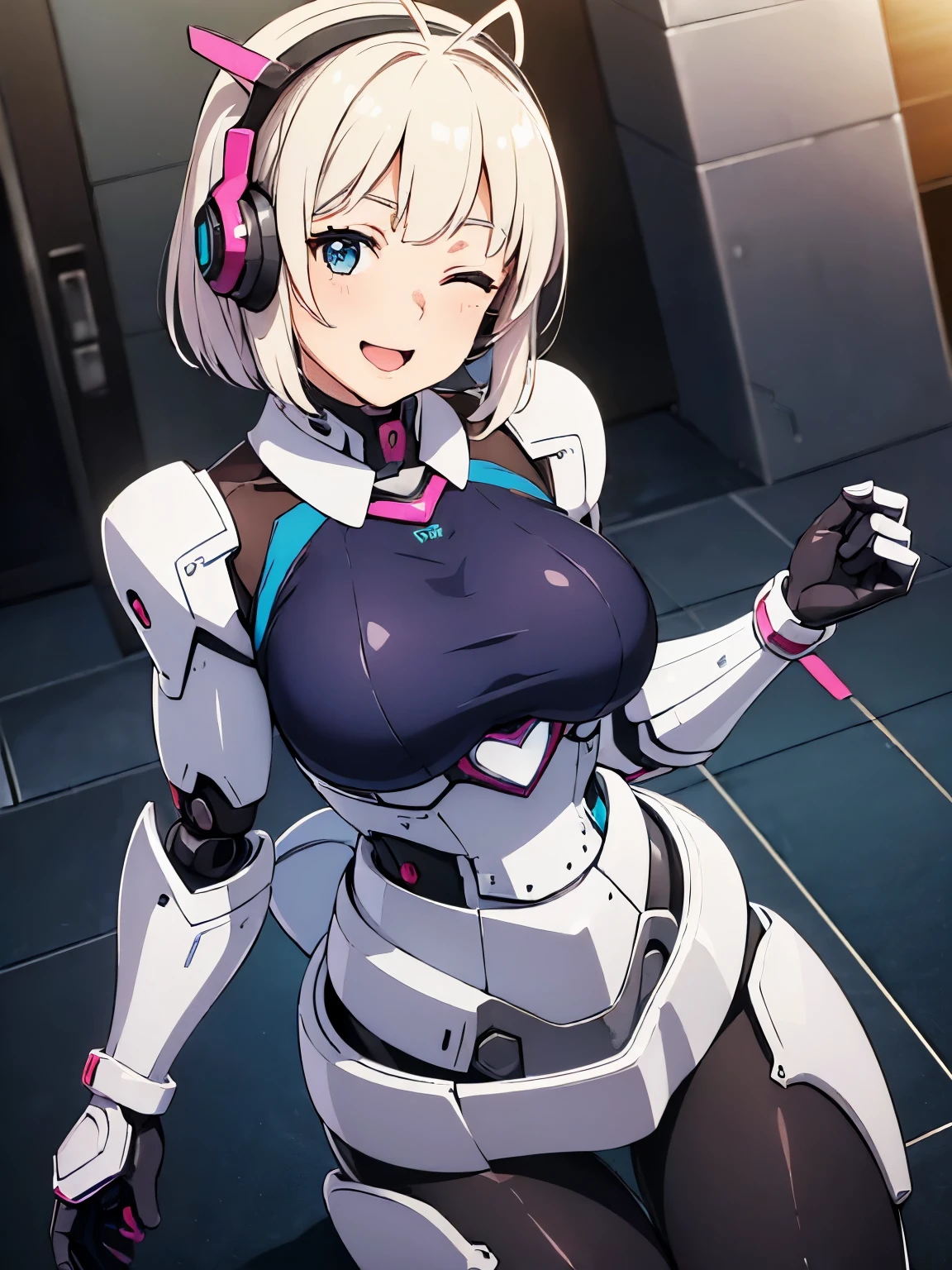 (((1 female:1.8)))、(((full body description)))、(((Standing depiction)))、(((9th class)))、Beautiful woman in moe pose in futuristic white shiny heavy armored robot suit、perfect android girl, gynoid cyborg body, perfect anime cyborg woman, beautiful female android!, female robot, fully robotized!! girl, Cute cyborg girl, cyber suit, メカサイバーアーマーを着たgirl, cyber suit, beutiful white girl cyborg, beautiful female android, Beautiful girl cyborg、Cute robot woman with white silver short bob hair、Gravure Model Android Beautiful Girl、(bright smile:1.3)、(((Headphones with long sensor antennas in both ears)))、(robot girl)、(((美しいgirlアンドロイド)))、(((重装甲メイド服を着たgirl)))、(((White heavy armored robot girl in maid clothes)))、(((White heavy armored robot beautiful girl in miniskirt and maid clothes)))、(((Beautiful girl in white heavy armored maid robot)))、(((Cyborg Maid Beautiful Girl)))、(((Robot beautiful girl wearing white shiny heavy armored maid clothes)))、(((waitress))),(laughter:1.2)、(one eye closed:1.2)、(heart hand:1.5)、Proper body proportions,table top,Ultra high quality output image,High resolution,intricate details,very delicate and beautiful hair,(Photoreal:1.3)realistic pictures,dream-like,professional lighting,realistic shadow,focus only,well-groomed face，Big eyes,beautiful hands,beautiful fingers,Detailed functions of fingers,Detailed features of the garment,Detailed characteristics of hair,detailed facial features,