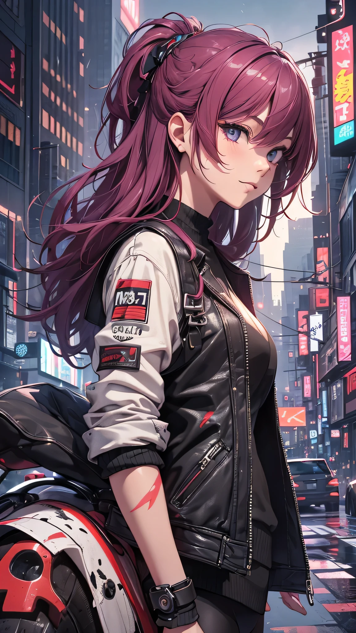 最high quality、best image quality、masterpiece、age girl((18-year-old、 By becoming、vest bust、medium bust,wide open breast tea、black eye, purple and red hair、Habitual hair、thin,highest valley、Have a smartphone、smug face、peace sign、paint marks、punk fashion)),high quality、beautiful art、background((Cyberpunk world、ultimate bike))debris flies、Depth of written boundary、movie、visual art、perfect art、8K,genuine