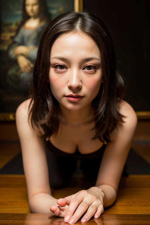 Depraved Mona Lisa in kneeling pose, ( looking at viewer:1.5), high definition, best quality, ultra high res, (photorealistic:1.5), (Skin reflection:1.3), RAW photo, physically-based rendering, shiny skin, curvy