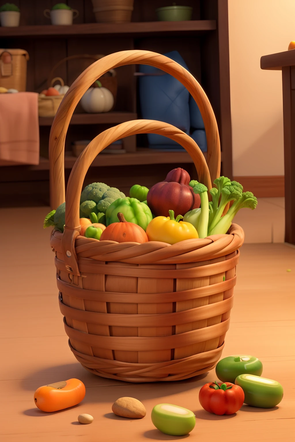 Make a picture with the following details: The basket has cute (but not cartoon) vegetables to show that they are vegetables from the family.
