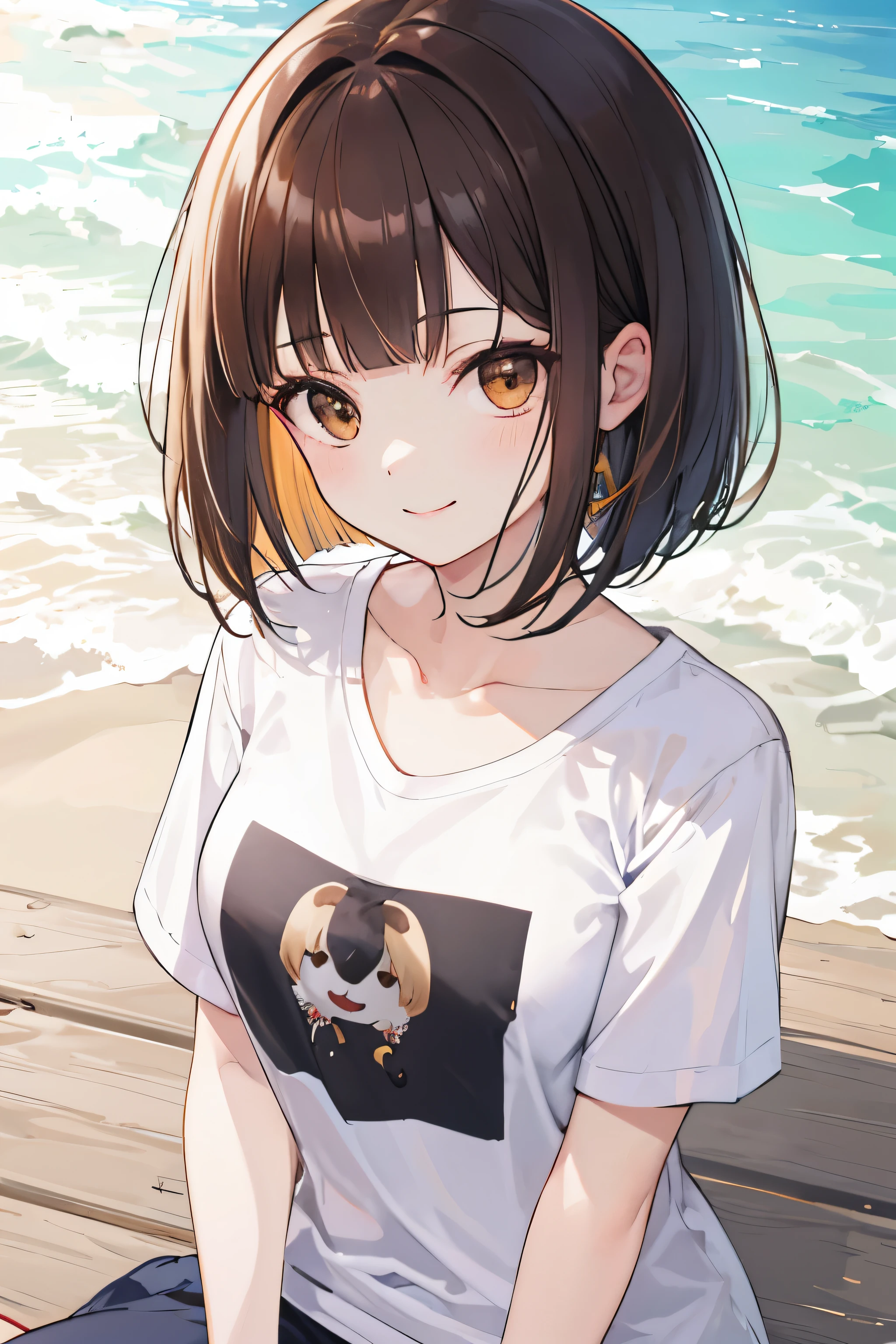 Frame-in, from the front of the face and body, look straight, Upper body, high quality, very high resolution, high quality, very high resolution, pretty girl, brown hair, amount, dull bangs, bob cut, brush up bangs, wearing a t-shirt, medium breasts, upright, naughty way to sit, smile, on the beach