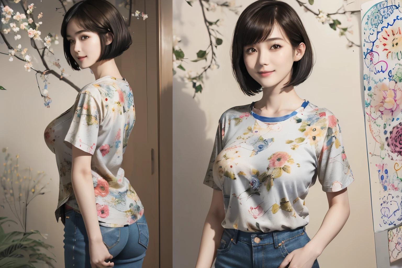156
(Shorthair:1.46),  (a 20 yo woman, standing), (A hyper-realistic), (Masterpiece), (8KUHD), (gentle smile), Slender waist, Wearing jeans, ((Floral Clothing - T-Shirts)), Wearing long pants, abstract splash painting, (doodle:1.46), (breasts:1.46), (口紅)
