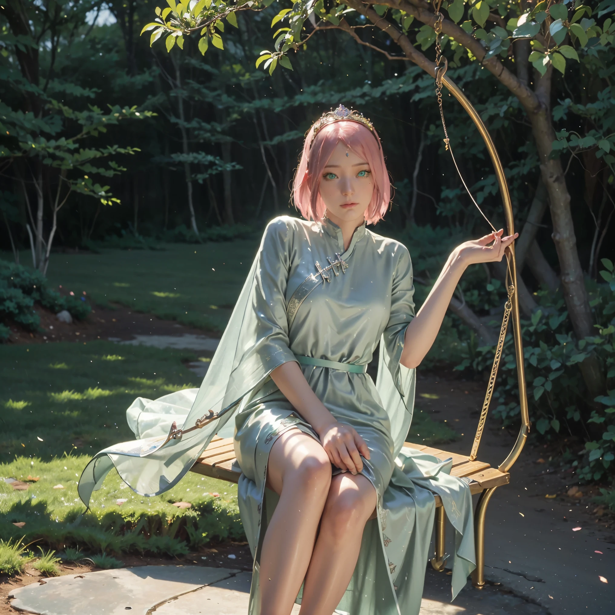 This is、It's a masterpiece of realistic fantasy with lots of sparkles, Glitter, and intricate ornate details. Produces one woman with a beautiful delicate crown sitting on a garden swing at night. She is a beautiful and seductive butterfly queen with stunning pink hair like sakura haruno from naruto, (((Incredibly realistic and detailed dynamic green eyes in bright colors with realistic shading))). Her skin is translucent white, Her green eyes are shining, And her dress is elegant. Her dress is spun with delicate and finest gossamer silk, Convoluted, Delicate floral details and gold silk butterfly sleeves. Her face is lovely and lonely. Include flowers that glow in the dark, Lots of particles, Highly realistic fantasy butte fly with translucent gem-colored wings and fine details, And shine. Artwork done in the style of Guviz、Trending fantasy titles from Artstation and Midjourney、Reminds of the masters of this genre. camera: Using dynamic composition techniques、Emphasizes ethereal delicacy and delicate details.