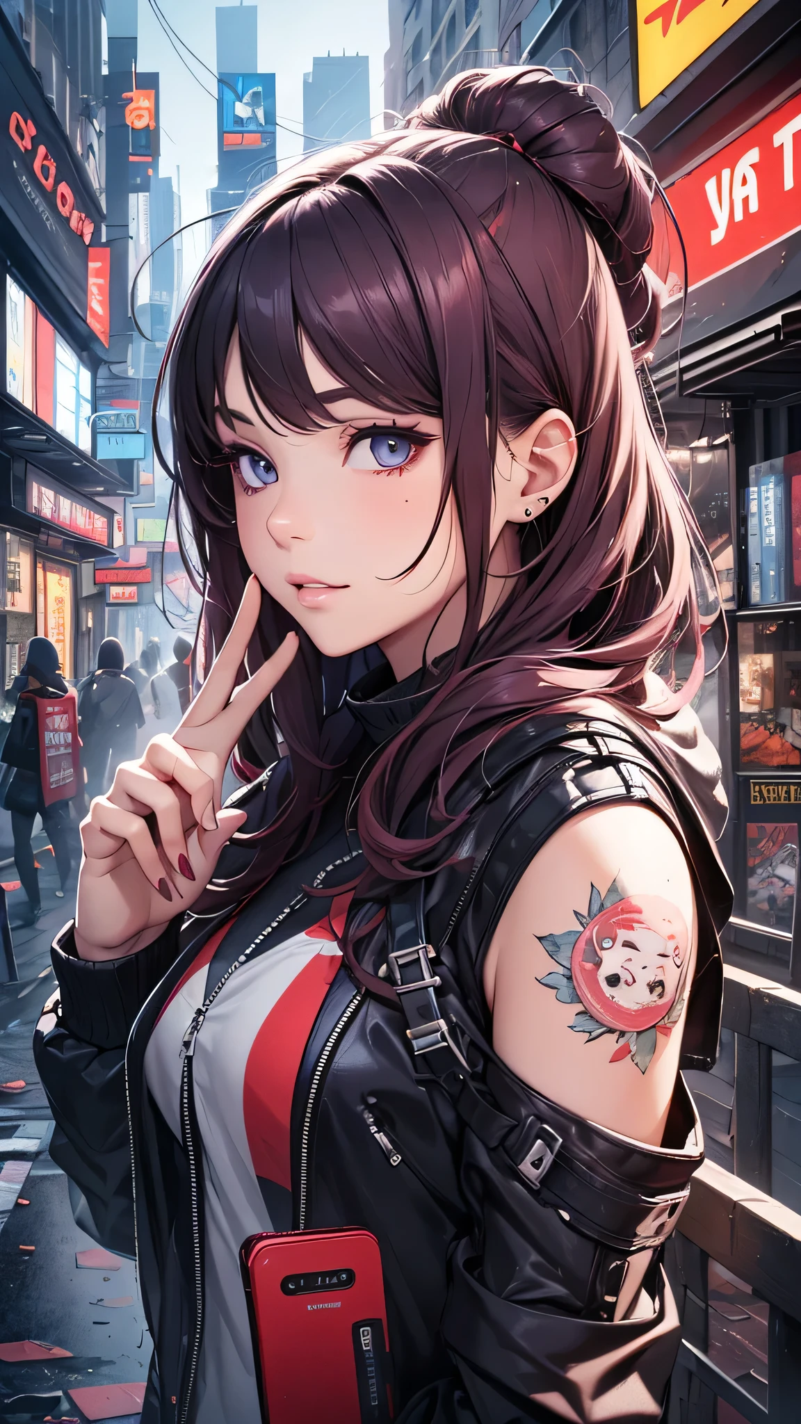 最high quality、best image quality、masterpiece、teenage girl((18-year-old、 By becoming、vest bust、medium bust,wide open breast tea、black eye, purple and red hair、Habitual hair、thin,highest valley、Have a smartphone、smug face、peace sign、paint marks、punk fashion)),high quality、beautiful art、background((Cyberpunk world、ultimate bike))debris flies、Depth of written boundary、movie、visual art、perfect art、8K,genuine