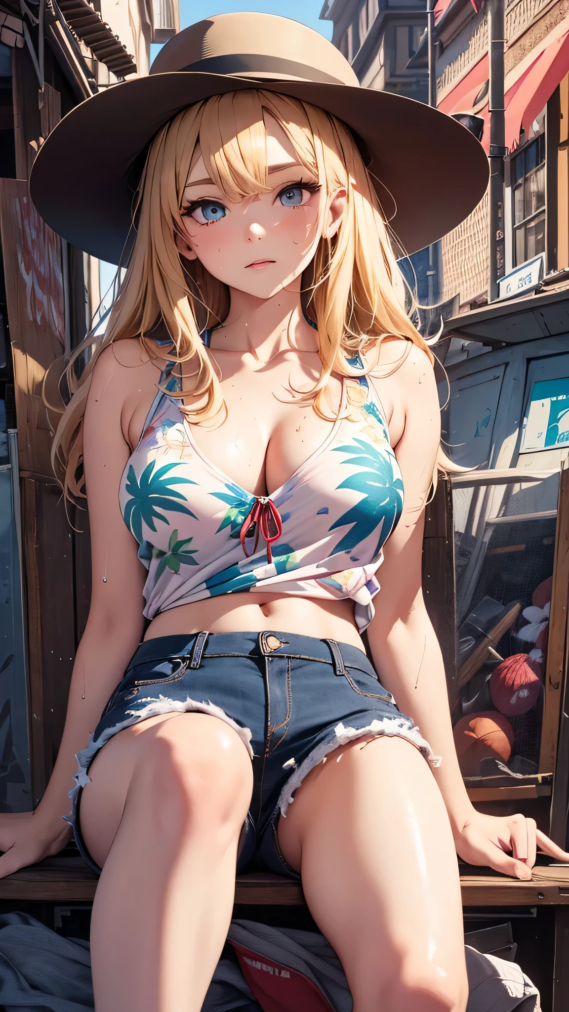 最high quality、best image quality、masterpiece、age girl((18-year-old、 By becoming、vest bust、medium bust,wide open breast tea、black eye, blonde hair、Habitual hair、long hair、thin,highest valley、blue shorts、Holding a plastic bottle、troubled face、heart tattoo、black aloha shirt、squat、open your legs、sweating)),high quality、beautiful art、background((Hawaii、Waikiki、Palm tree))debris flies、Depth of written boundary、movie、visual art、perfect art、8K,genuine
