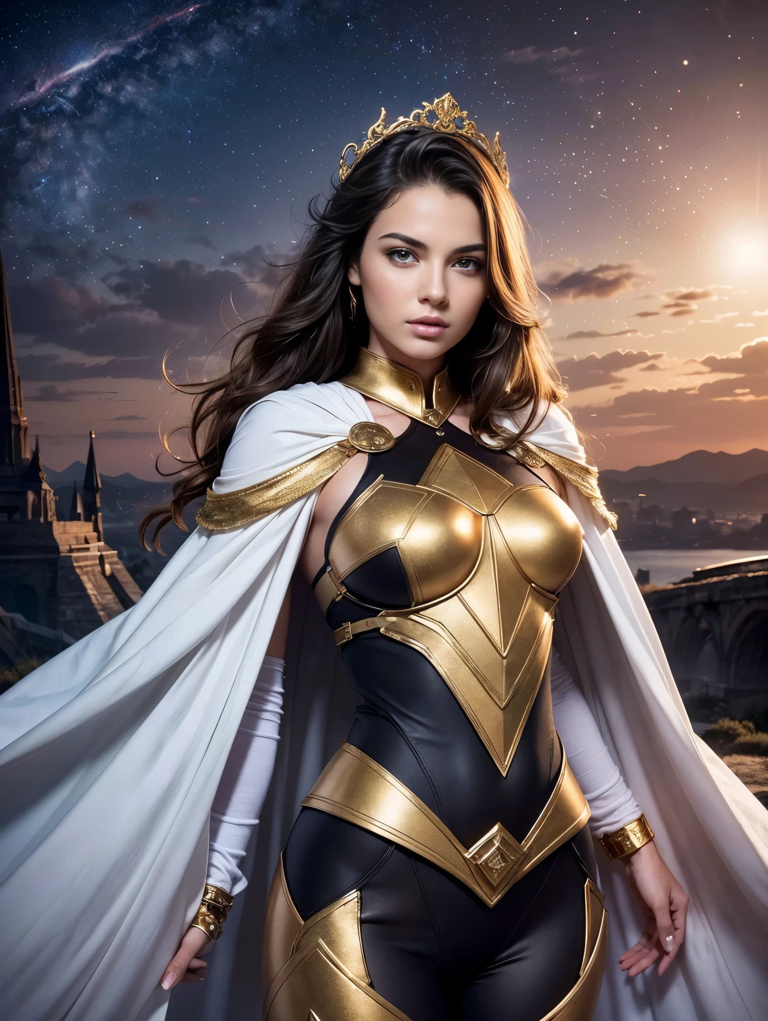 (Masterpiece, Top Quality, Best Quality, Official Art, Beauty and Aesthetics: 1.2), (1 ultra hot gorgeous European woman, age 23), Extreme Detail, (Fractal Art: 1.3), Colorful, Supreme Detail, Perfect Face, Upper Body, HDR, Prayer, (White Cloak Golden Lines: 1.2), Starry Sky, Shooting Star, Light Stripes, Surrealism.