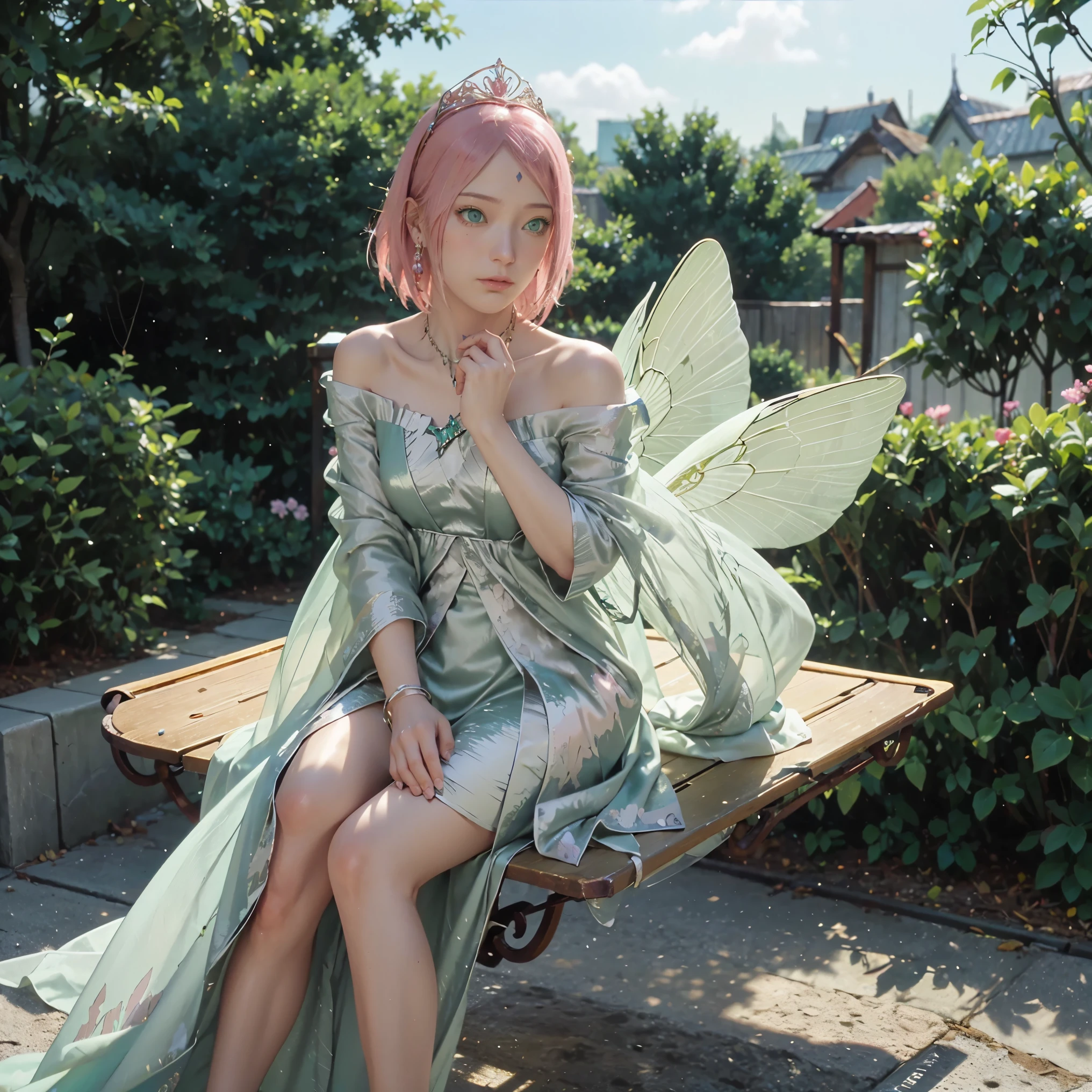 This is、It's a masterpiece of realistic fantasy with lots of sparkles, Glitter, and intricate ornate details. Produces one woman with a beautiful delicate crown sitting on a garden swing at night. She is a beautiful and seductive butterfly queen with stunning pink hair like sakura haruno from naruto, (((Incredibly realistic and detailed dynamic green eyes in bright colors with realistic shading))). Her skin is translucent white, Her green eyes are shining, And her dress is elegant. Her dress is spun with delicate and finest gossamer silk, Convoluted, Delicate floral details and gold silk butterfly sleeves. Her face is lovely and lonely. Include flowers that glow in the dark, Lots of particles, Highly realistic fantasy butte fly with translucent gem-colored wings and fine details, And shine. Artwork done in the style of Guviz、Trending fantasy titles from Artstation and Midjourney、Reminds of the masters of this genre. camera: Using dynamic composition techniques、Emphasizes ethereal delicacy and delicate details.