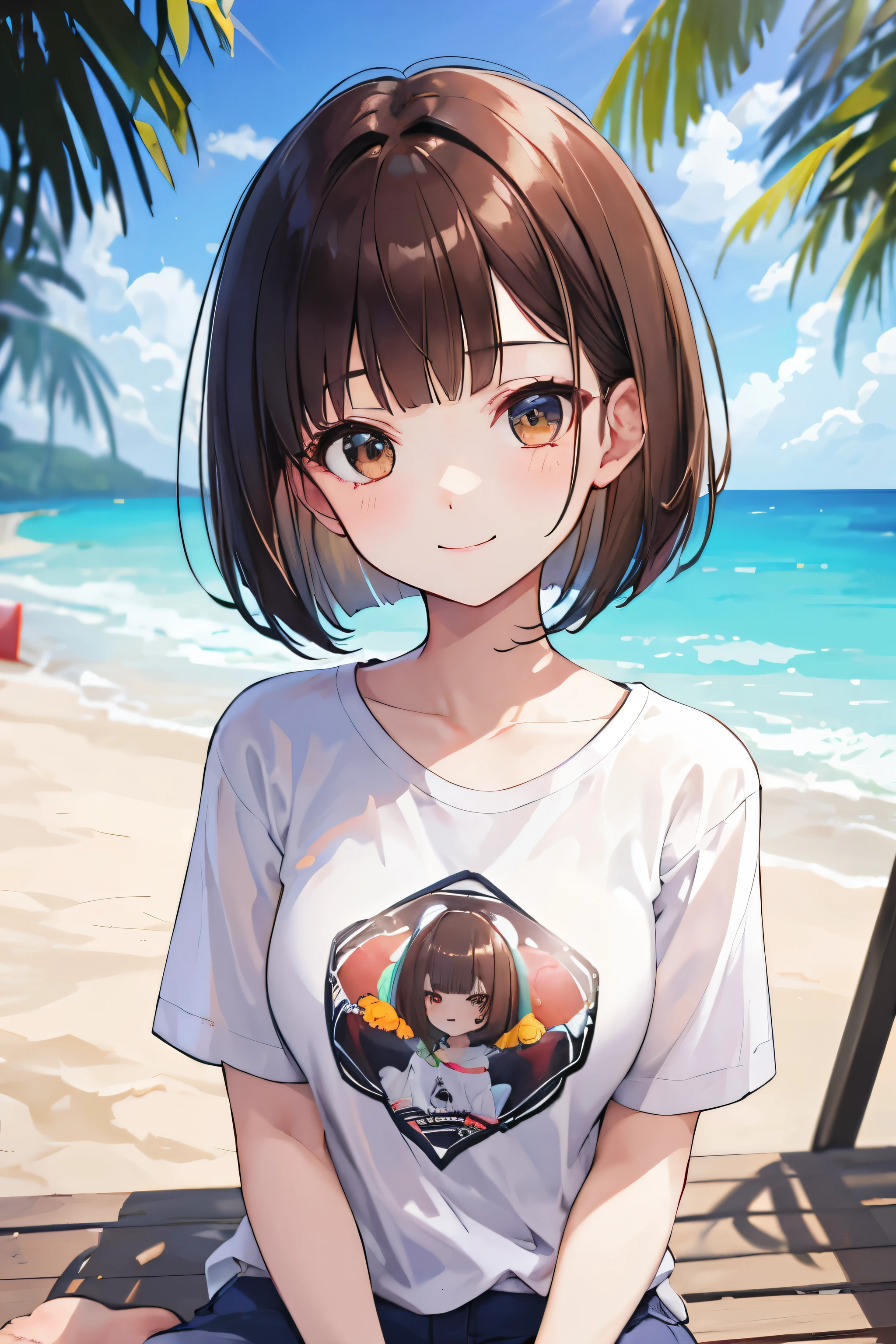 Frame-in, from the front of the face and body, look straight, Upper body, high quality, very high resolution, high quality, very high resolution, pretty girl, brown hair, amount, dull bangs, bob cut, brush up bangs, wearing a t-shirt, medium breasts, upright, naughty way to sit, smile, on the beach