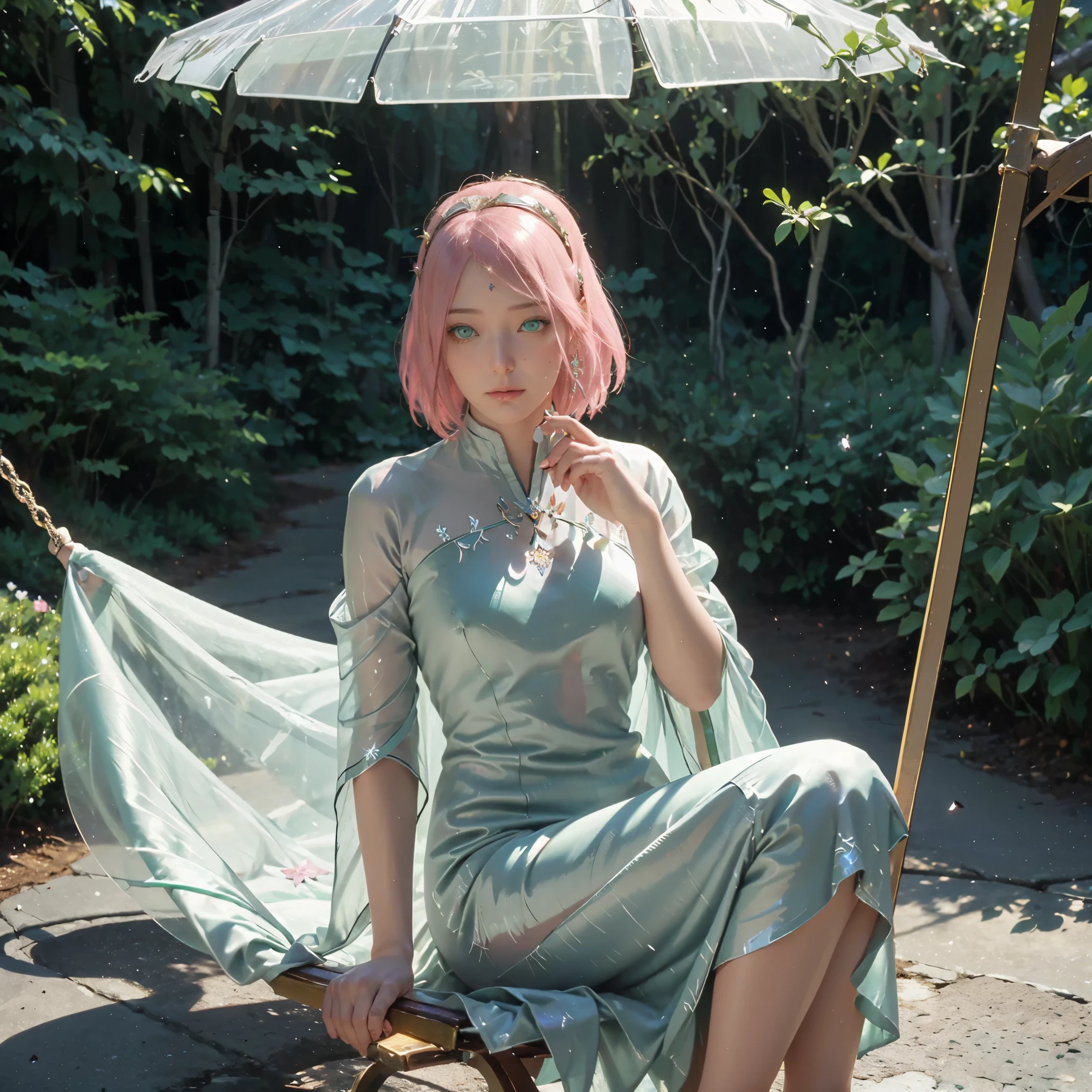 This is、It's a masterpiece of realistic fantasy with lots of sparkles, Glitter, and intricate ornate details. Produces one woman with a beautiful delicate crown sitting on a garden swing at night. She is a beautiful and seductive butterfly queen with stunning pink hair like sakura haruno from naruto, (((Incredibly realistic and detailed dynamic green eyes in bright colors with realistic shading))). Her skin is translucent white, Her green eyes are shining, And her dress is elegant. Her dress is spun with delicate and finest gossamer silk, Convoluted, Delicate floral details and gold silk butterfly sleeves. Her face is lovely and lonely. Include flowers that glow in the dark, Lots of particles, Highly realistic fantasy butte fly with translucent gem-colored wings and fine details, And shine. Artwork done in the style of Guviz、Trending fantasy titles from Artstation and Midjourney、Reminds of the masters of this genre. camera: Using dynamic composition techniques、Emphasizes ethereal delicacy and delicate details.