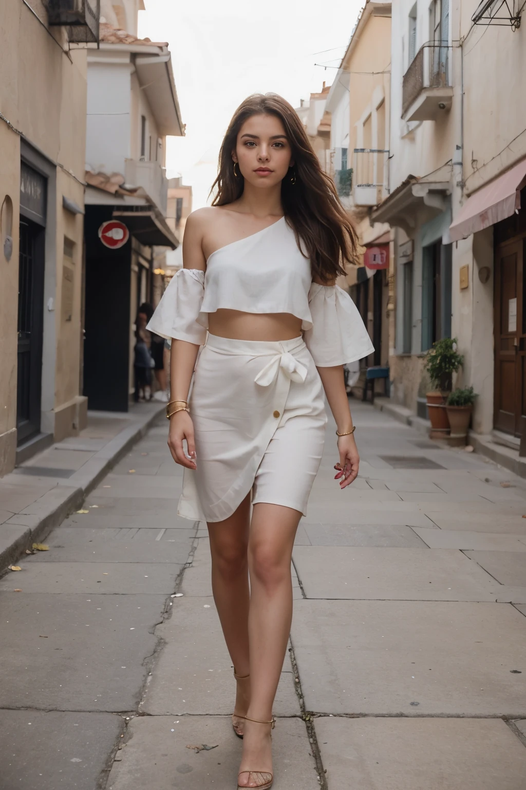 A 22-year-old young Mediterranean woman. Let her walk down the street in a Mediterranean town. She should wear a long and elegant peplos that falls from her shoulders, she should be adorned with gold jewelry and her hair should be very short. She should have colorful eyes.