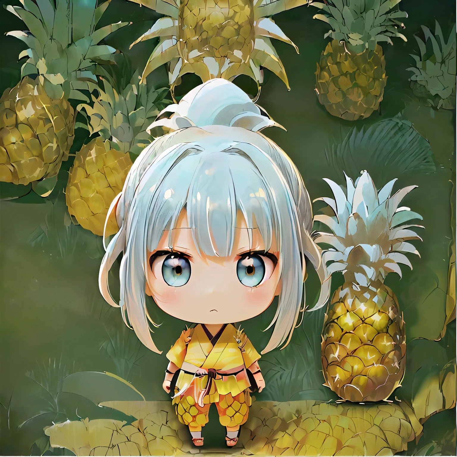 ((Chibi,pineapple,3DCG,one girl: 1.5)),(Masterpiece, almond-shaped eyes, glossy white-blue hair, short chignon hair, top quality, carefully drawn fingertips, beautiful anatomy : 1.4), (full body: 1.3), (Red cheeks, indifference, no expression, hair blowing in the wind: 1.2),( Sengoku period village, samurai warriors, pineapple weapon, antique store,ancient forest, pineapple symbol,In the mountains during the Sengoku period, Chibi acquires the basic skills of his life. He learns how to forage for food and survive in the wild, using his small size to climb tall trees and find ways to cross rivers.:1.5)