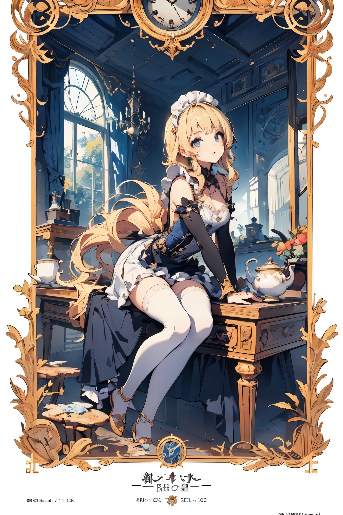 (master piece, high-quality, Mystical, ideal ratio of body proportions), (ultra high resolution, 8K RAW photo, photorealistics, natural lighting, textile shading), wideshot photo:1.6, (1 beautiful anime girl:1.3, , solo:1.5, milf:1.5, nsfw:1.25, full body:1.3), shinny skin, BREAK, ((alice in the wonderland:1.3, cuty, kawaii, lovely, funny, a girl falling down from sky:1.5, flying girl in sky:1.5, girl is floating in air:1.1, rolling up skirt by wind:1.5, (shamed:1.3), surprising, putting hands on crotch with apron:1.35)), BREAK, ((PlayingCards, Trump, tea cup, tea pot, tea spoons, small clock:1.3, lip sticks, candies:1.2, cookies, jam bottles, keys)), ((Royal-Blue dress :1.5, wearing long flaired skirt with blowing:1.3, White Apron, white stockings)), (medium long platinum-blonde hair:1.2, twin tail hair:1.6, tied hair with a large ribbon), (Blue eyes, bright pupils with highlights, detailed eyes), (lying down on your back:1.4, leaning forward:1.2, spreading legs with rising up straight:1.5), ((dutch angle:1.5, full body:1.3, crotch focus:1.3, from below:1.5, unbalance posture)), cinema poster image, Exotic wallpapers, fantastic colorful art, (fantasy image:1.5), ((correct anatomy:1.5, perfect anatomy:1.3, correct hand, small foot:1.2)), 