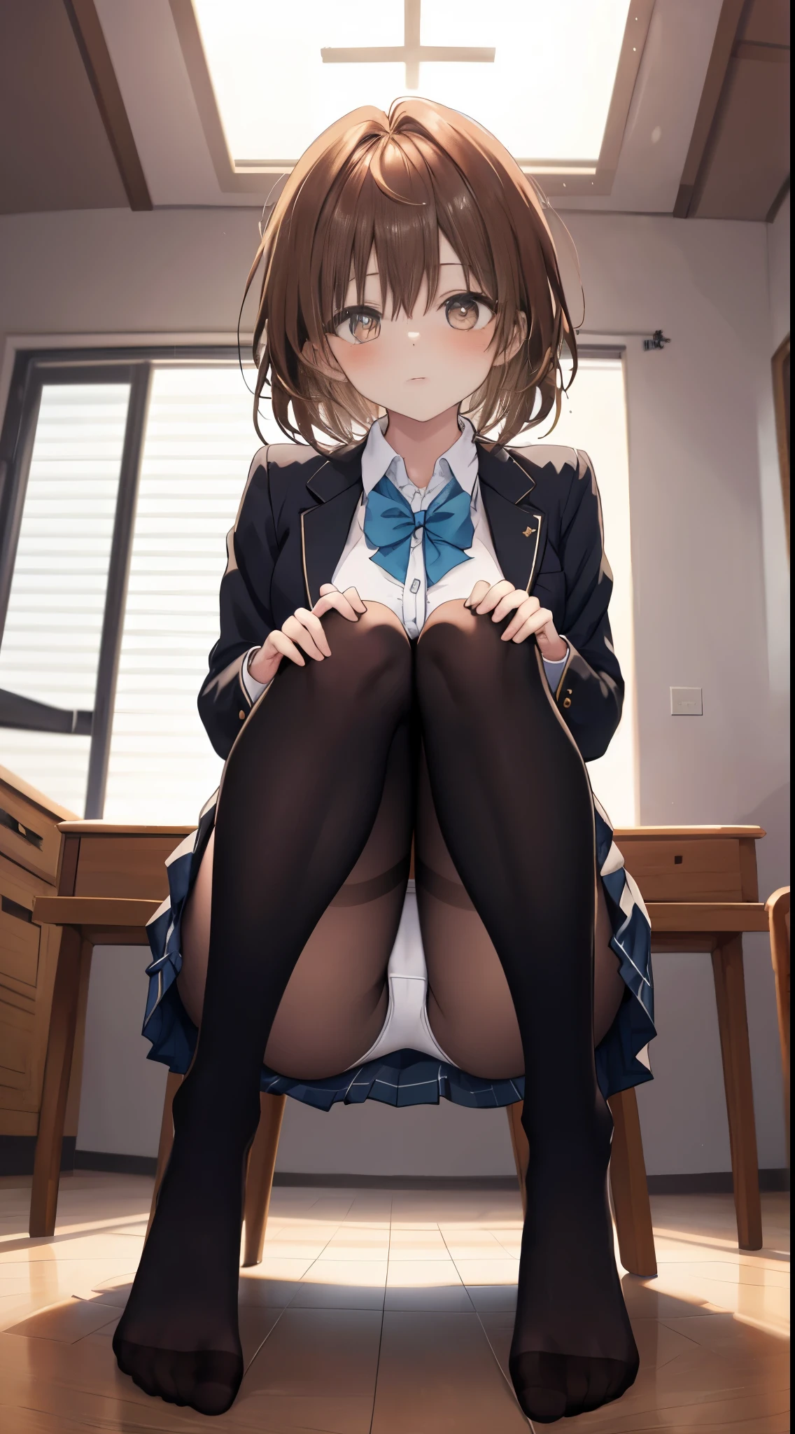 finest, masterpiece, High resolution, (Full body view from head to toe), front, frontやや下からの構図, Symmetrical, 18 year old tall girl, alone, (whole body from head to toe), (small breasts), Unkempt brown hair, bangs, (black tights), (black pantyhose), (sitting with legs spread apart), (squating pose), (composition showing white panties), (Her legs are spread open and her white panties are visible.), (made to sit on the floor with legs spread), (M-shaped legs), Slender legs, A very beautiful and tall 18 year old girl, (not wearing shoes), blush, shy big eyes, looking at camera, Blazer Uniform, Plaid pleated skirt