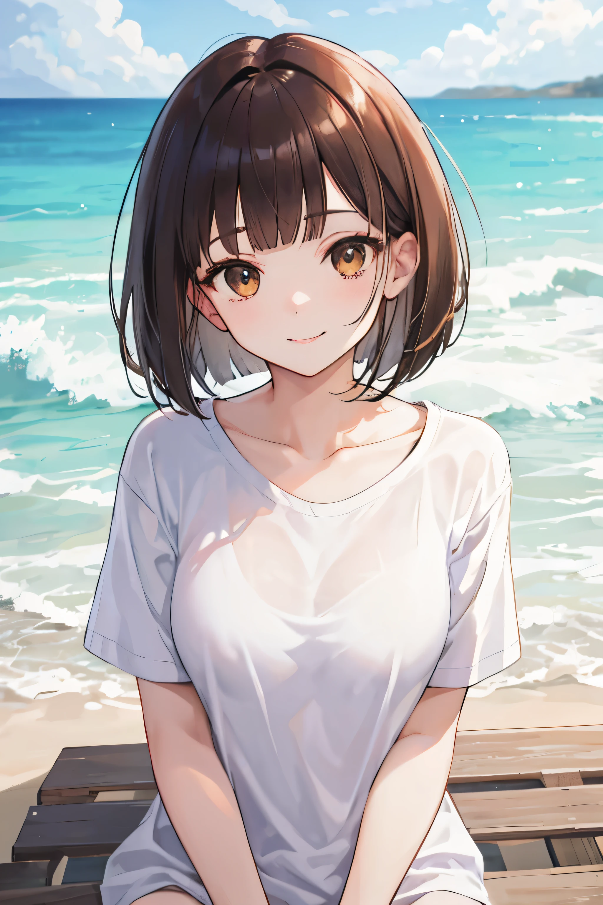 Frame-in, from the front of the face and body, look straight, Upper body, high quality, very high resolution, high quality, very high resolution, pretty girl, brown hair, amount, dull bangs, bob cut, brush up bangs, Wearing a plain T-shirt, medium breasts, upright, naughty way to sit, smile, on the beach