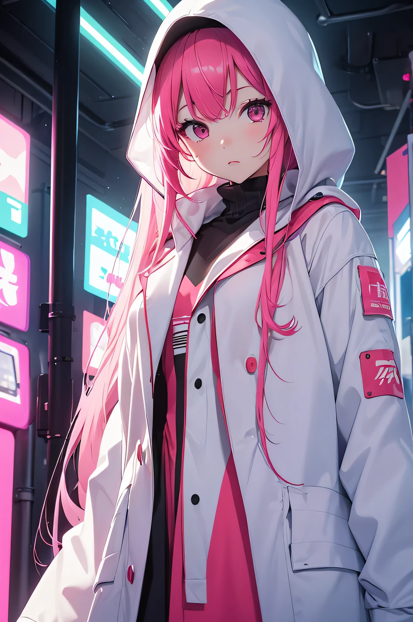 1 female、Cool sister、looking at the camera、Front body、red cheeks、god、god々New、long hair、White long coat、pink muffler、Neon feeling、neon laser、neon room、I don't have anything