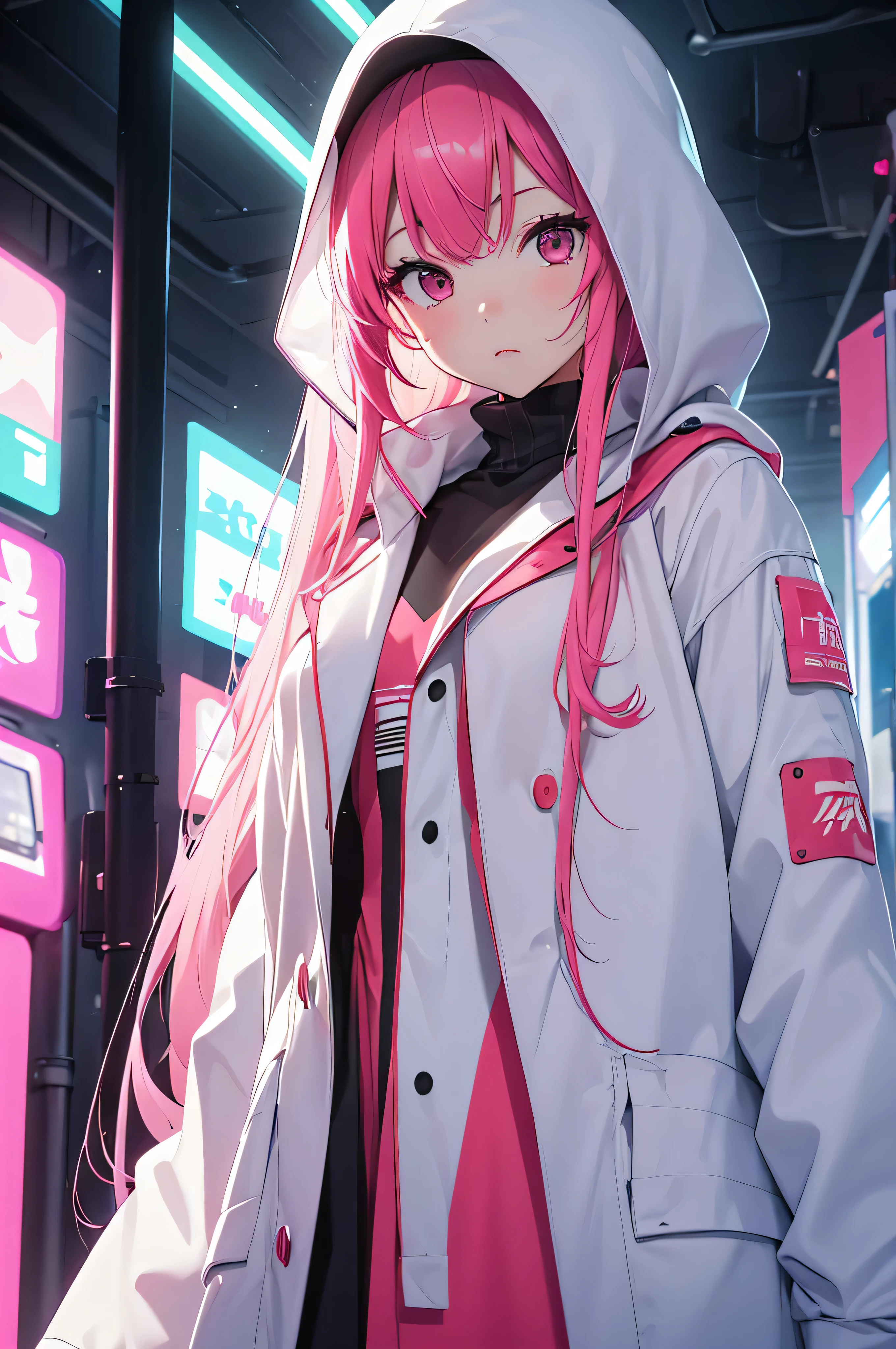 1 female、Cool sister、looking at the camera、Front body、red cheeks、god、god々New、long hair、White long coat、pink muffler、Neon feeling、neon laser、neon room、I don't have anything