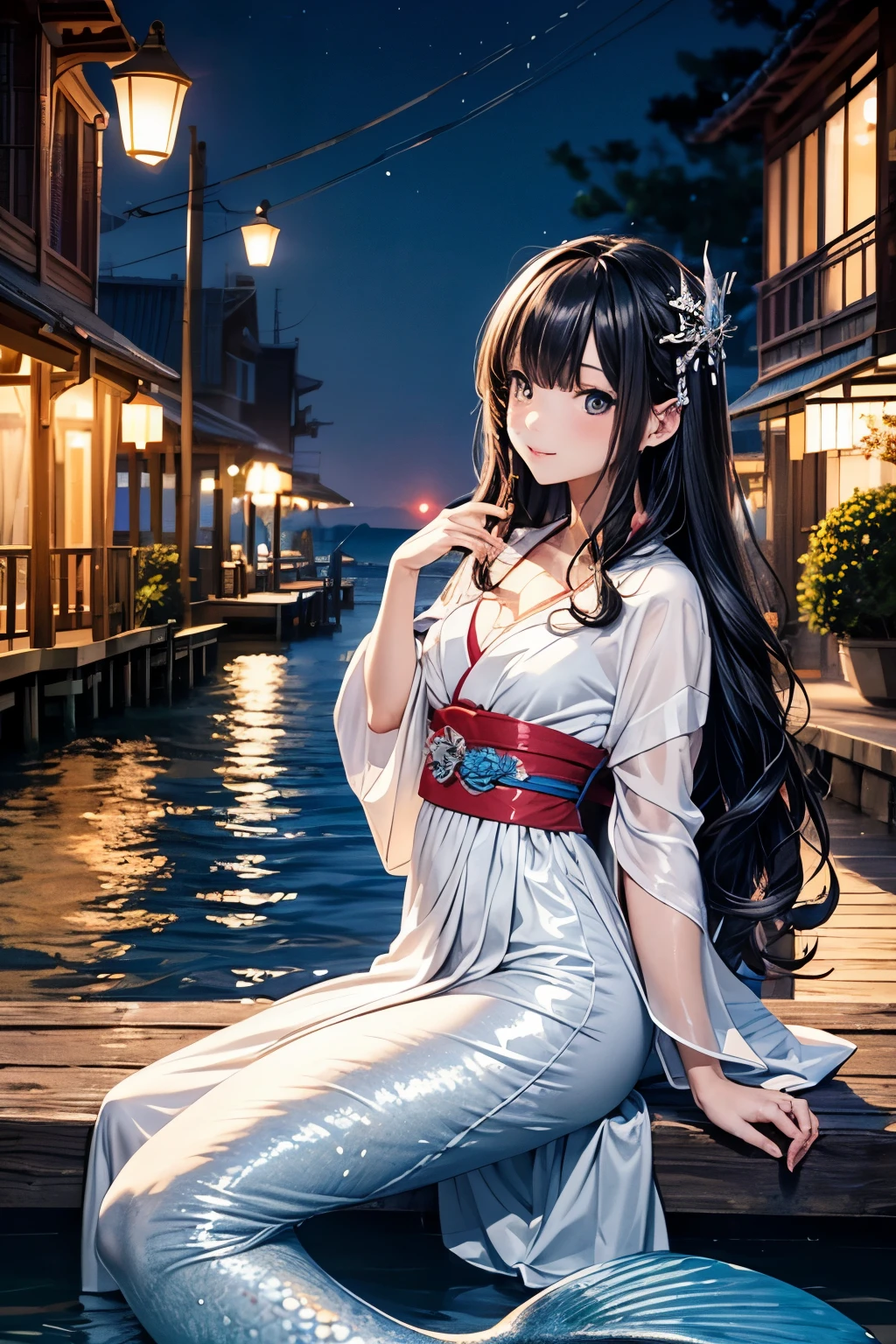 Beautiful mermaid princess wearing a white kimono style dress,seaside at night,flat chest