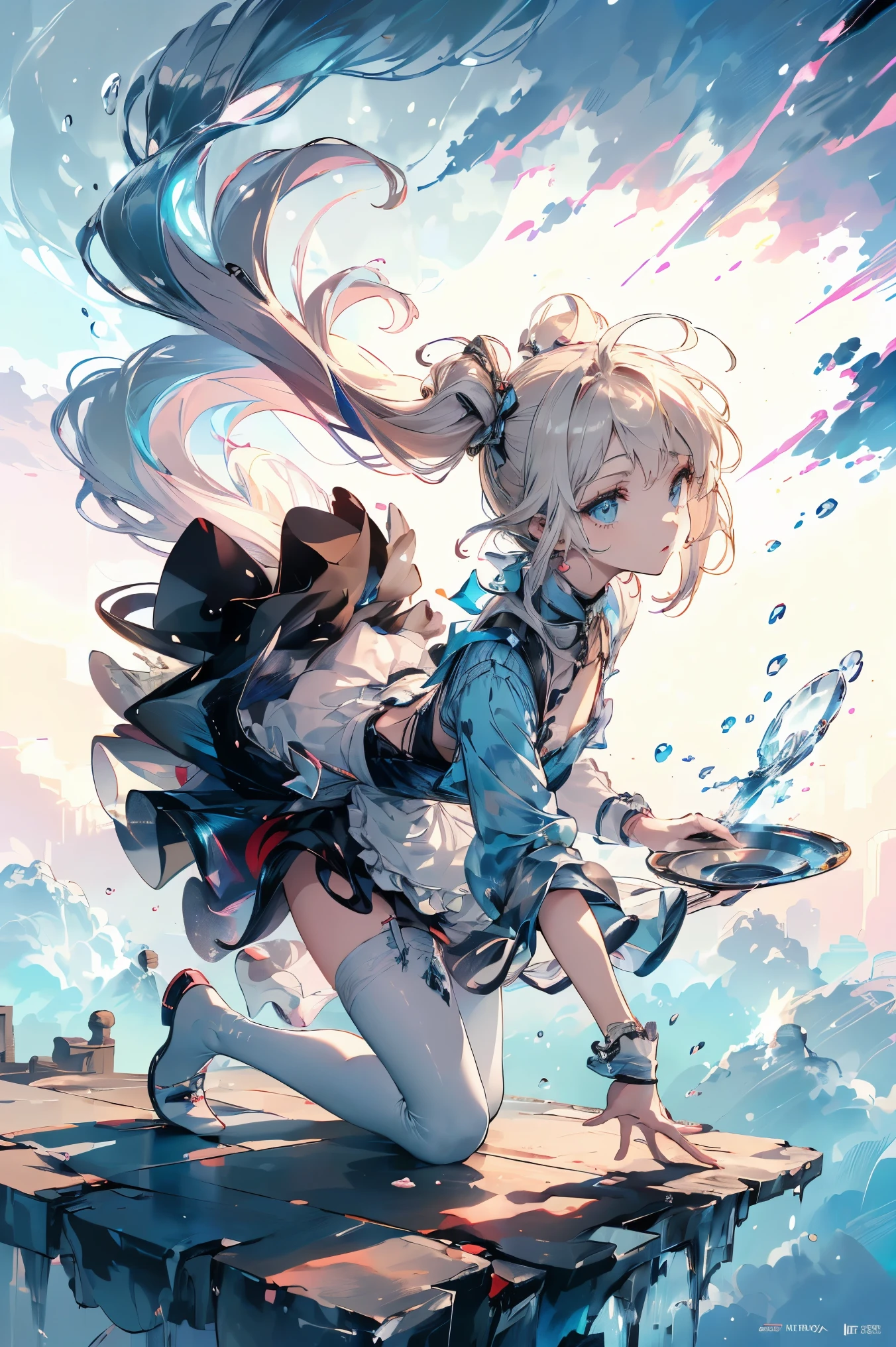(master piece, high-quality, Mystical, ideal ratio of body proportions), (ultra high resolution, 8K RAW photo, photorealistics, natural lighting, textile shading), wideshot photo:1.6, (1 beautiful anime girl:1.3, 16 years old, solo:1.5, milf:1.5, nsfw:1.25, full body:1.3), shinny skin, BREAK, ((alice in the wonderland:1.3, cuty, kawaii, lovely, funny, a girl falling down from sky:1.5, flying girl in sky:1.5, girl is floating in air:1.1, rolling up skirt by wind:1.5, (shamed:1.3), surprising, putting hands on crotch with apron:1.35)), BREAK, ((PlayingCards, Trump, tea cup, tea pot, tea spoons, small clock:1.3, lip sticks, candies:1.2, cookies, jam bottles, keys)), ((Royal-Blue dress :1.5, wearing long flaired skirt with blowing:1.3, White Apron, white stockings)), (medium long platinum-blonde hair:1.2, twin tail hair:1.6, tied hair with a large ribbon), (Blue eyes, bright pupils with highlights, detailed eyes), (lying down on your back:1.6, leaning forward:1.2, spreading legs with rising up straight:1.5), ((dutch angle:1.5, full body:1.3, crotch focus:1.3, from below:1.5, unbalance posture)), cinema poster image, Exotic wallpapers, fantastic colorful art, (fantasy image:1.5), ((correct anatomy:1.5, perfect anatomy:1.3, correct hand, small foot:1.2)), 
