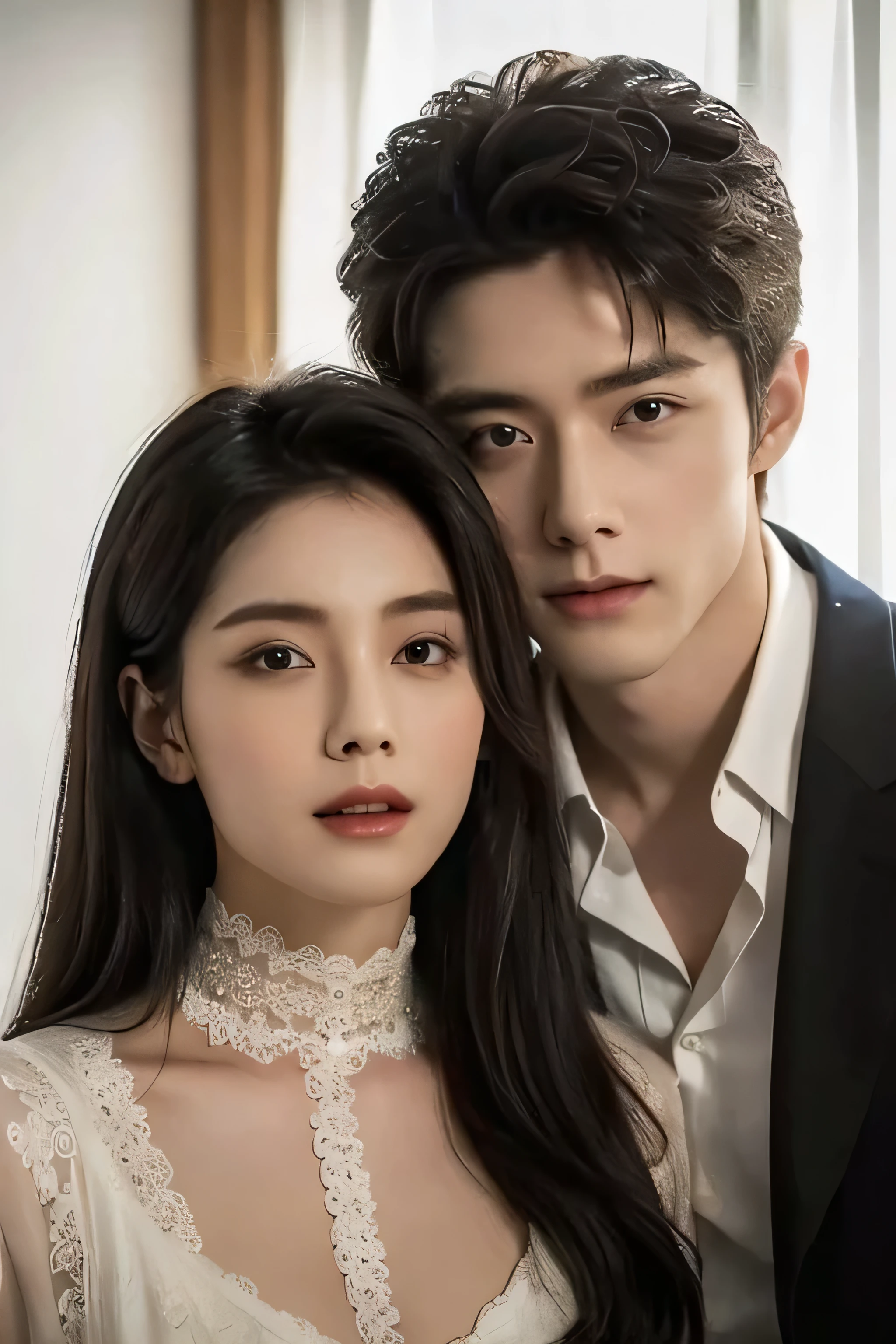 (best quality,4K,8 thousand,mackerel,masterpiece:1.2),very detailed,(realistic,photorealistic,photo-realistic:1.37),beautiful asian couple, And a handsome Asian man, Eye Details, snow korean, Product Details,romantic setting,soft lighting,vivid colors,Portrait painting,bokeh