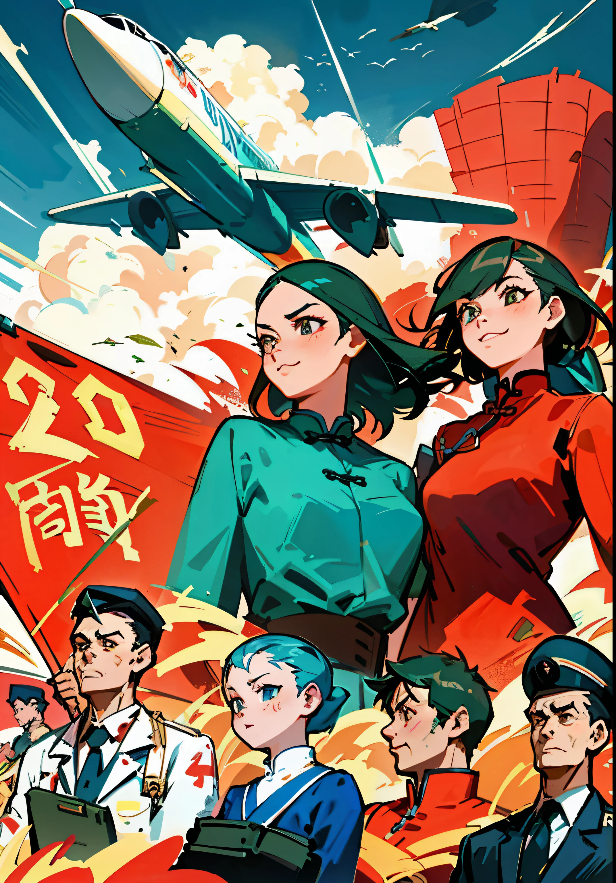 (masterpiece), (best quality), (Exquisite details), poster, Chinese , Wide-angle lens, a group of people, Chinese 微笑, civilian, One-piece suit, firm expression, Half-naked arms, passing flyer, gear, sky with passenger plane, Chinese Red Flag, (Red) Flag with gear and Wheat Print, city View, architecture, High-speed rail trains,  manifesto, Chinese,